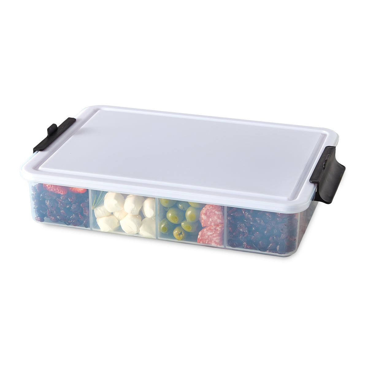 Snacklebox 11 by 16 inch organizer with eleven compartments filled with assorted candies nuts and snacks