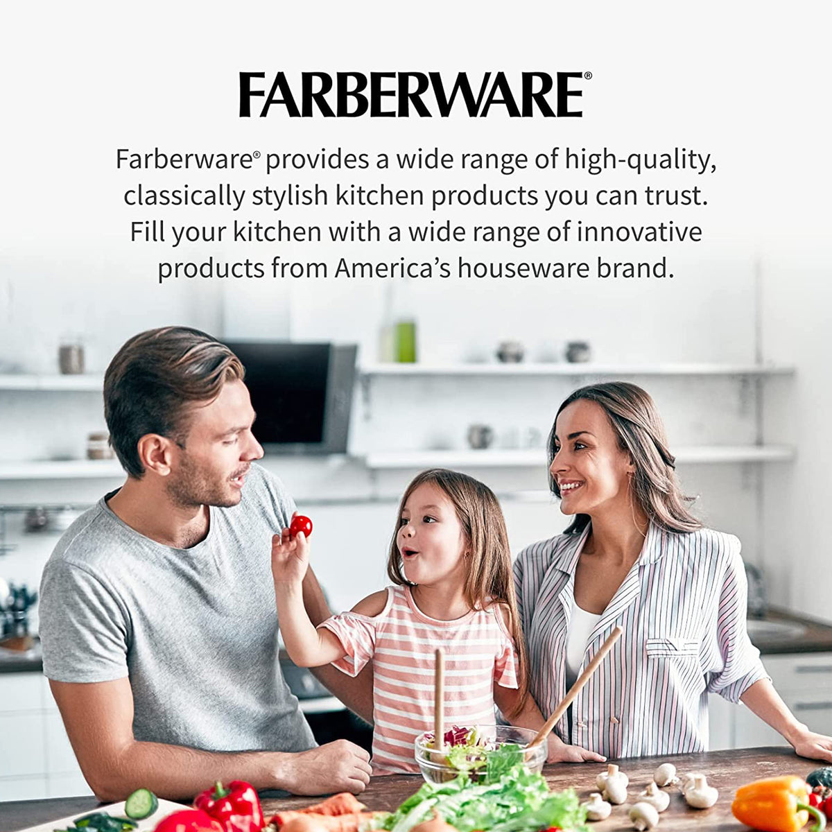 Family gathered around a bright kitchen island preparing a snack together.