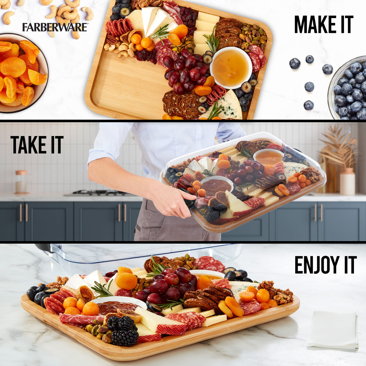Build-a-Board bamboo cutting board 11x14 with a ready to serve charcuterie spread of cheese fruit nuts and meats