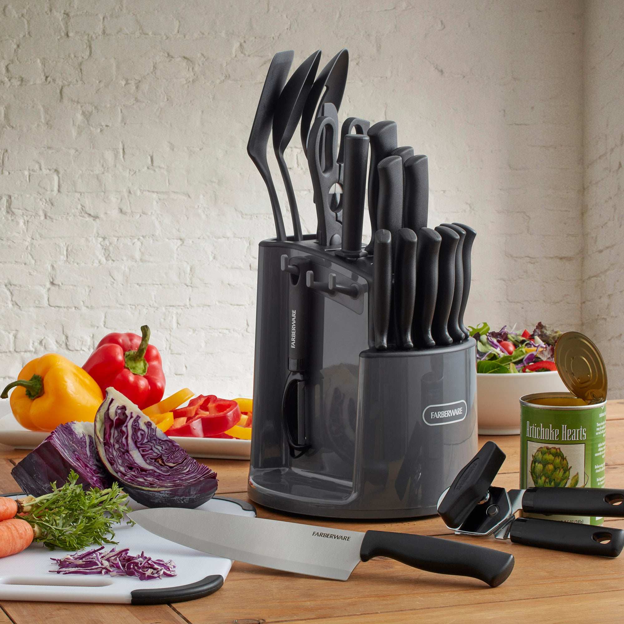 Farberware 30-Piece Spin-and-Store Knife and Kitchen Tool Set with Rotating Storage Caddy, High Carbon-Stainless Steel Kitchen Knives, Razor-Sharp Knife Set, Black