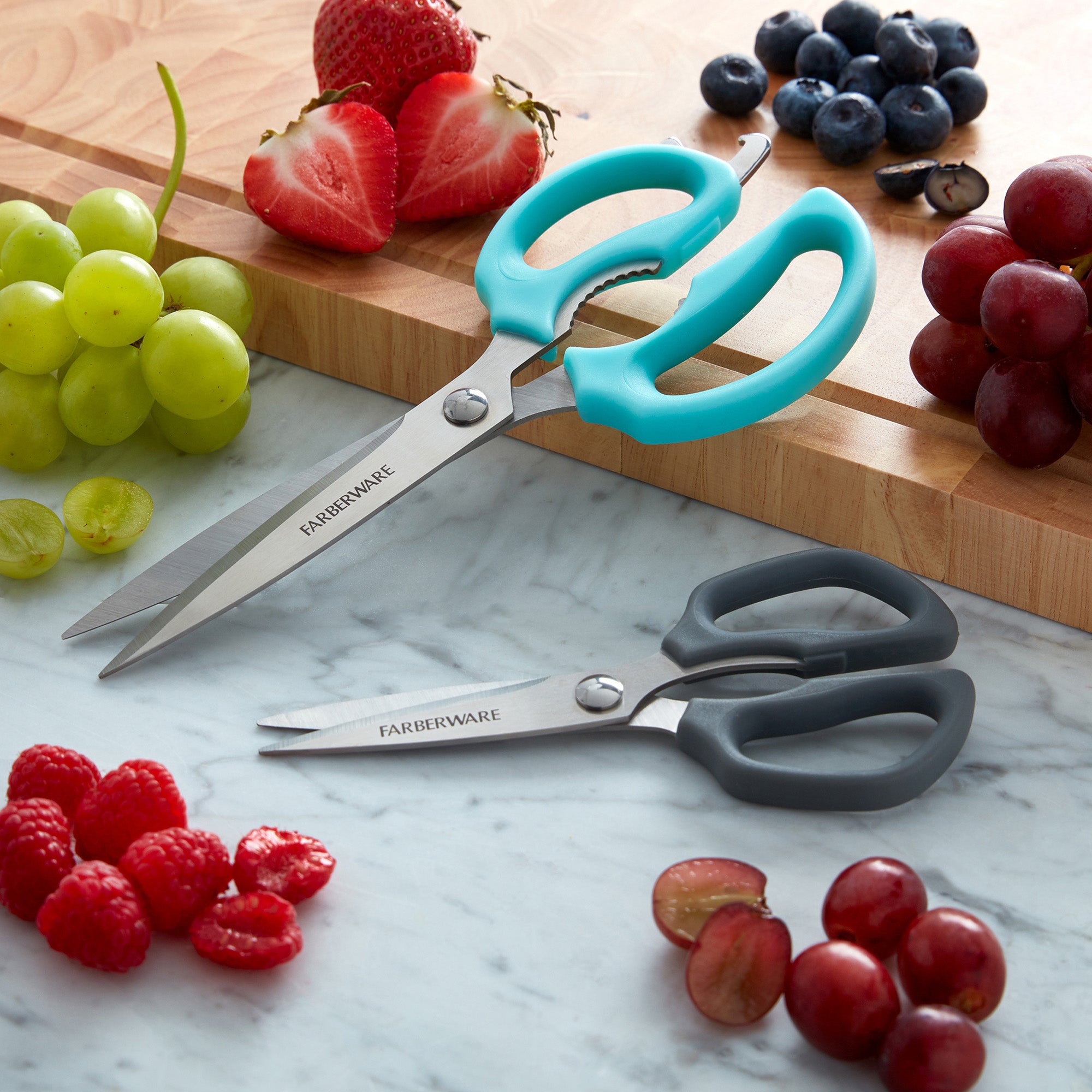 Farberware Comfort Grip Kitchen Scissors, 2 Pack, Aqua and Gray