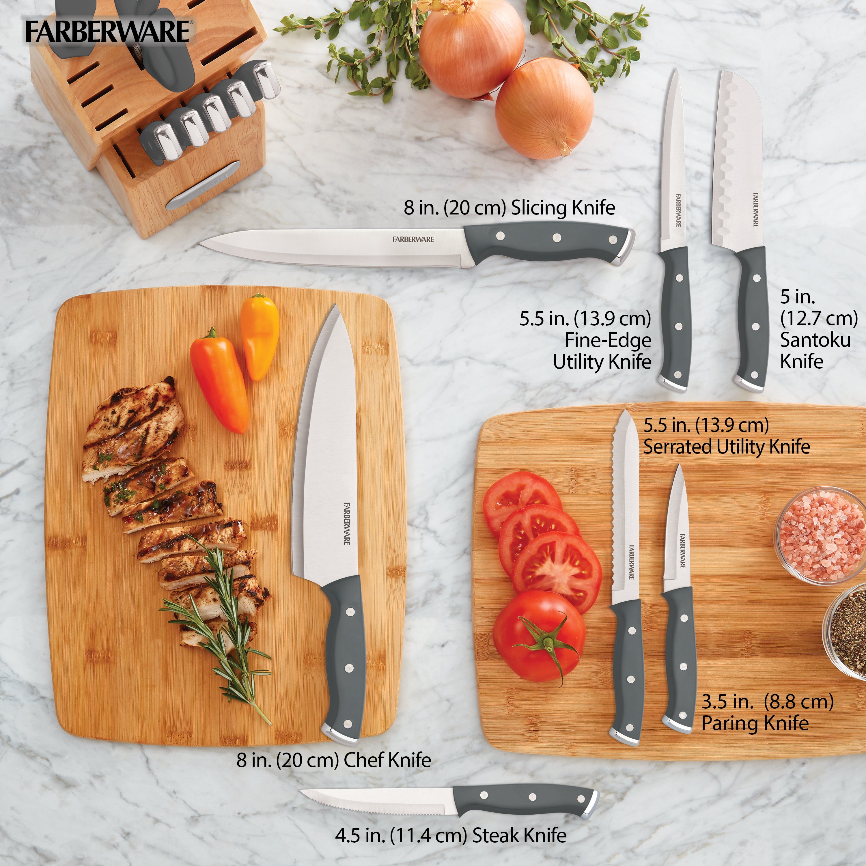 Triple Riveted Black Knife Set with Wood Block, 15-Piece