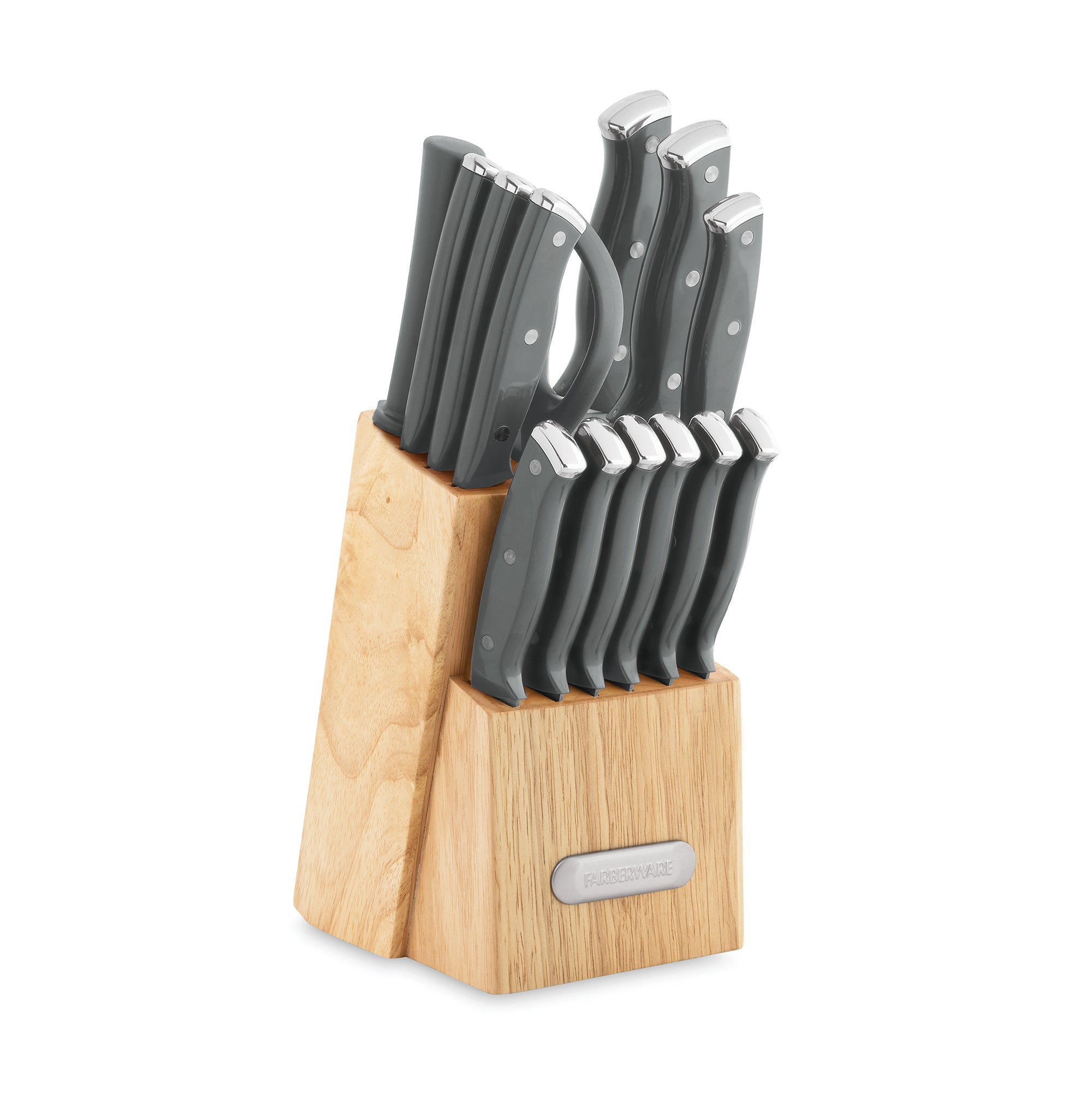 Triple Riveted Black Knife Set with Wood Block, 15-Piece