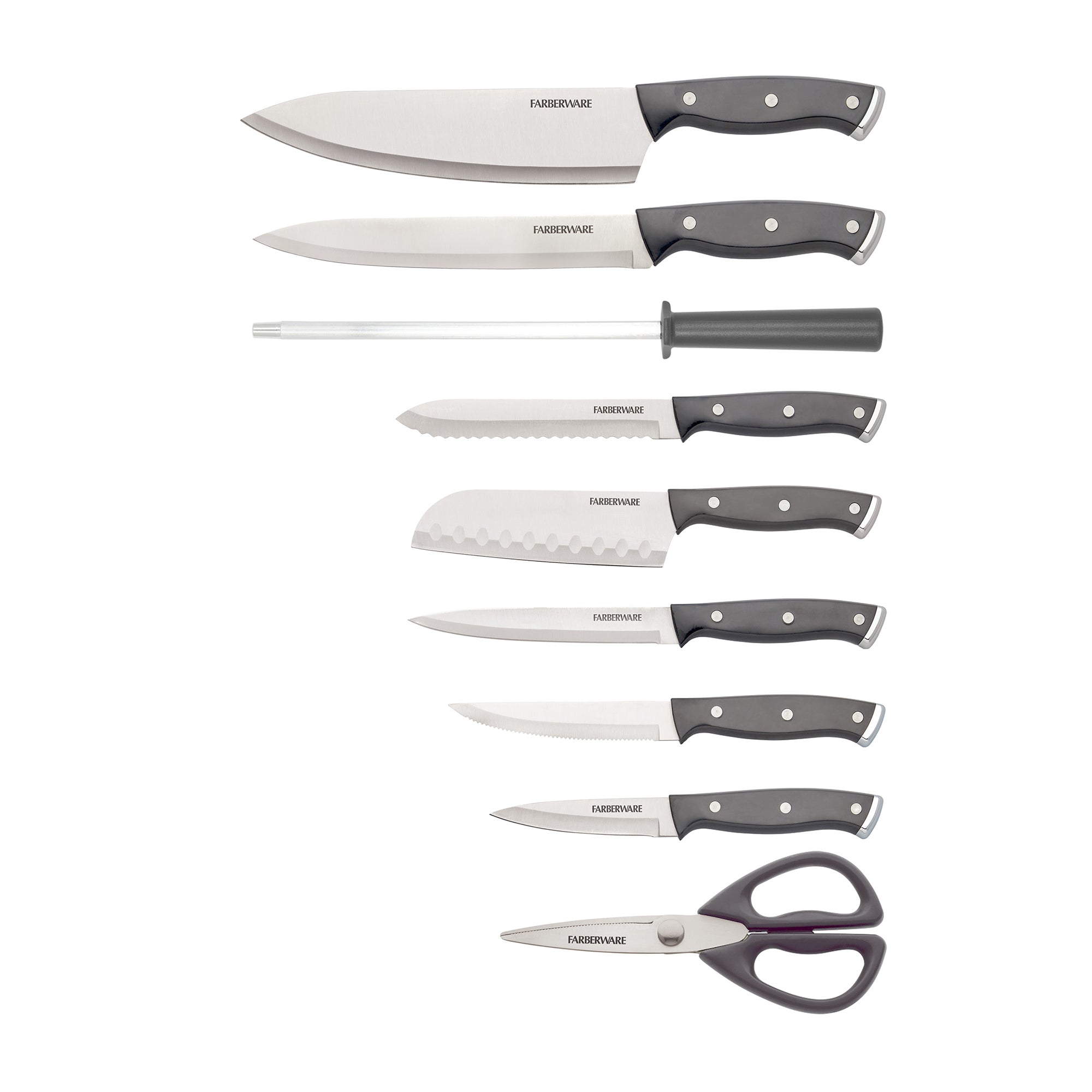 Triple Riveted Black Knife Set with Wood Block, 15-Piece