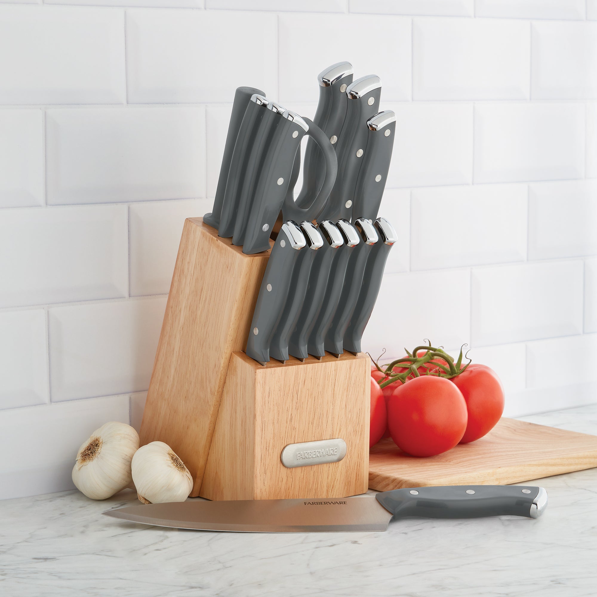 Triple Riveted Black Knife Set with Wood Block, 15-Piece