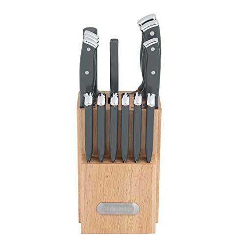 Triple Riveted Black Knife Set with Wood Block, 15-Piece