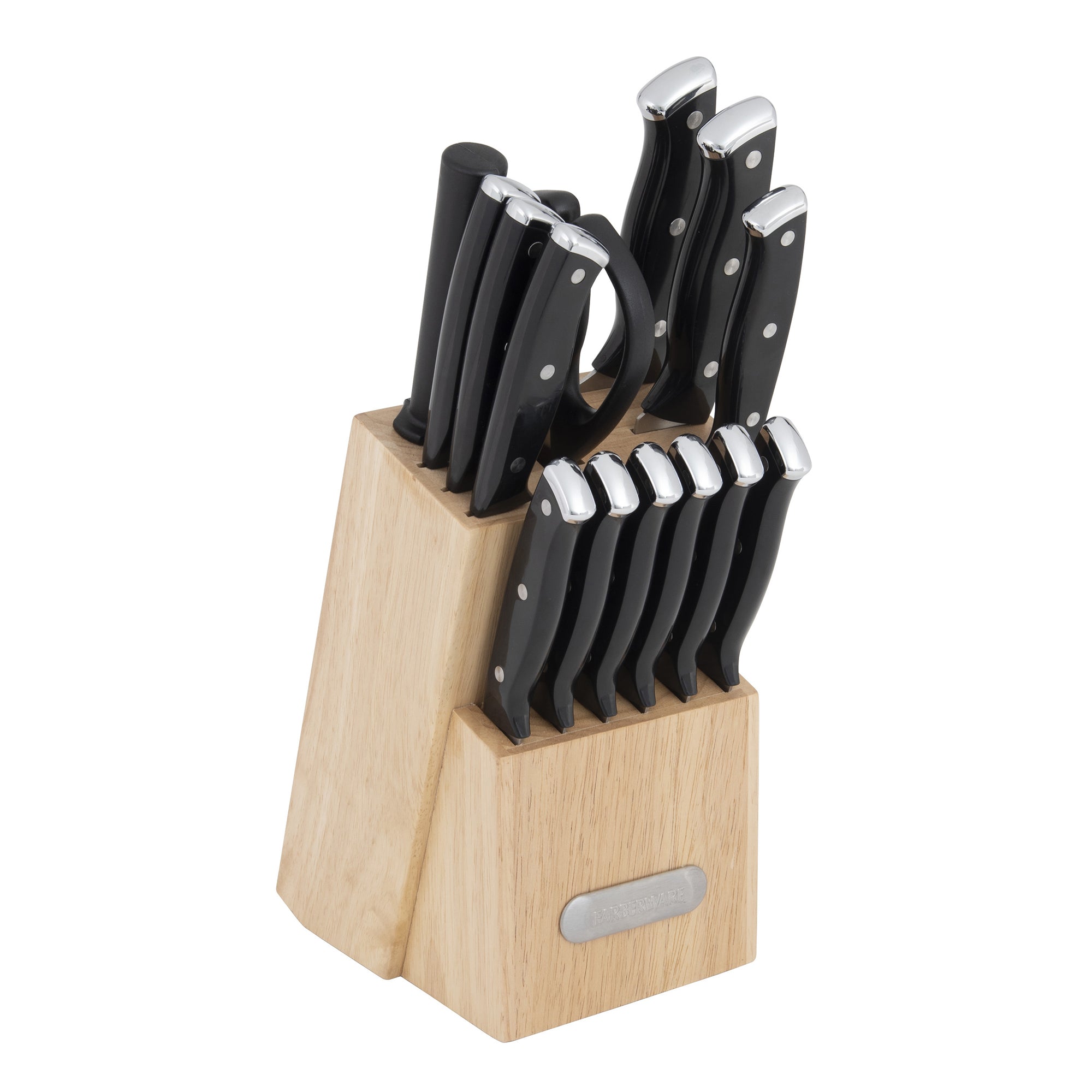 Triple Riveted Black Knife Set with Wood Block, 15-Piece