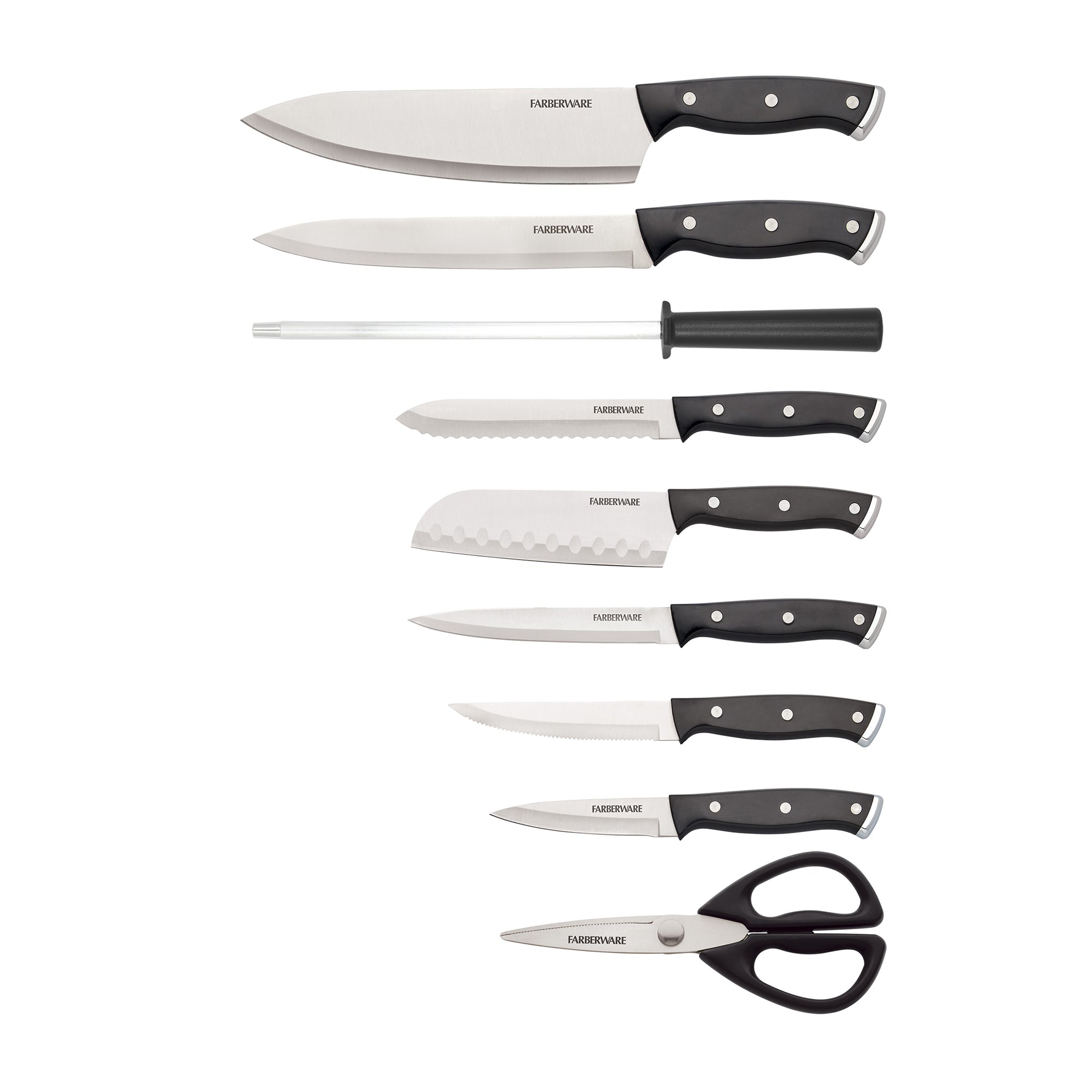 Triple Riveted Black Knife Set with Wood Block, 15-Piece