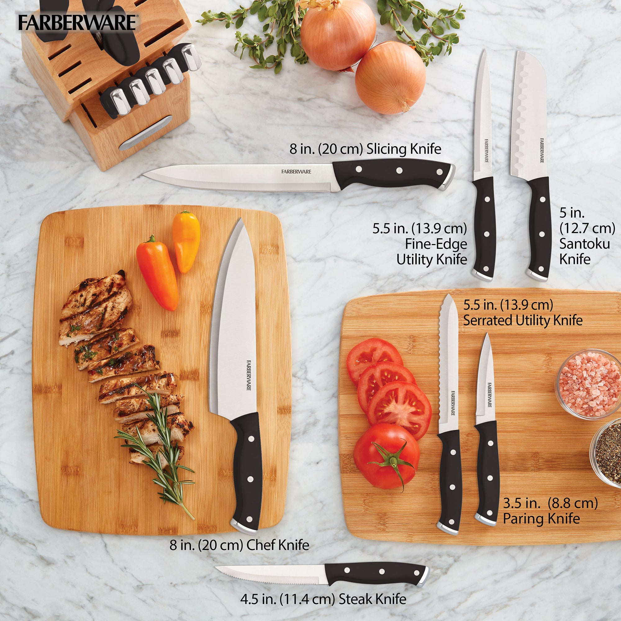 Triple Riveted Black Knife Set with Wood Block, 15-Piece