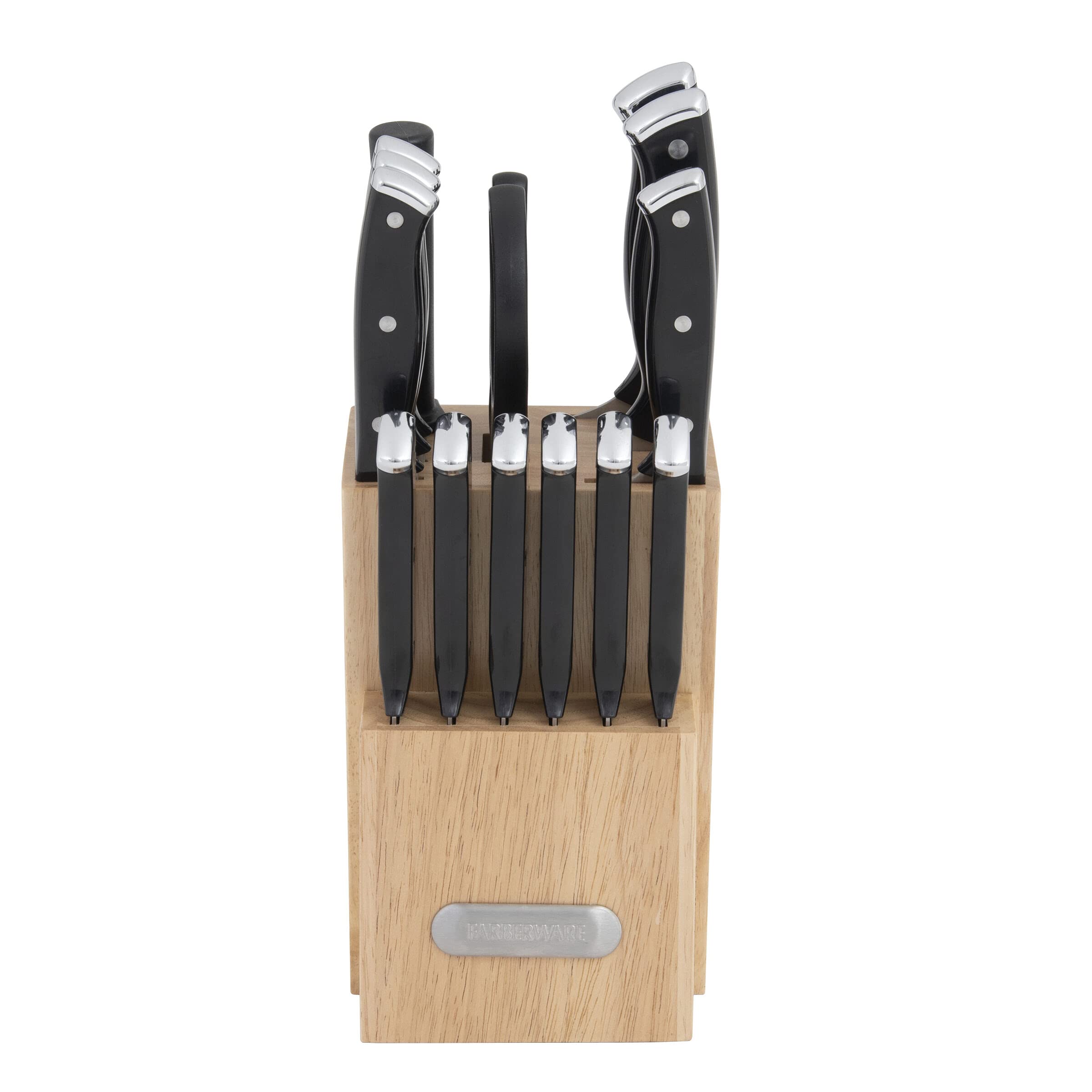 Triple Riveted Black Knife Set with Wood Block, 15-Piece