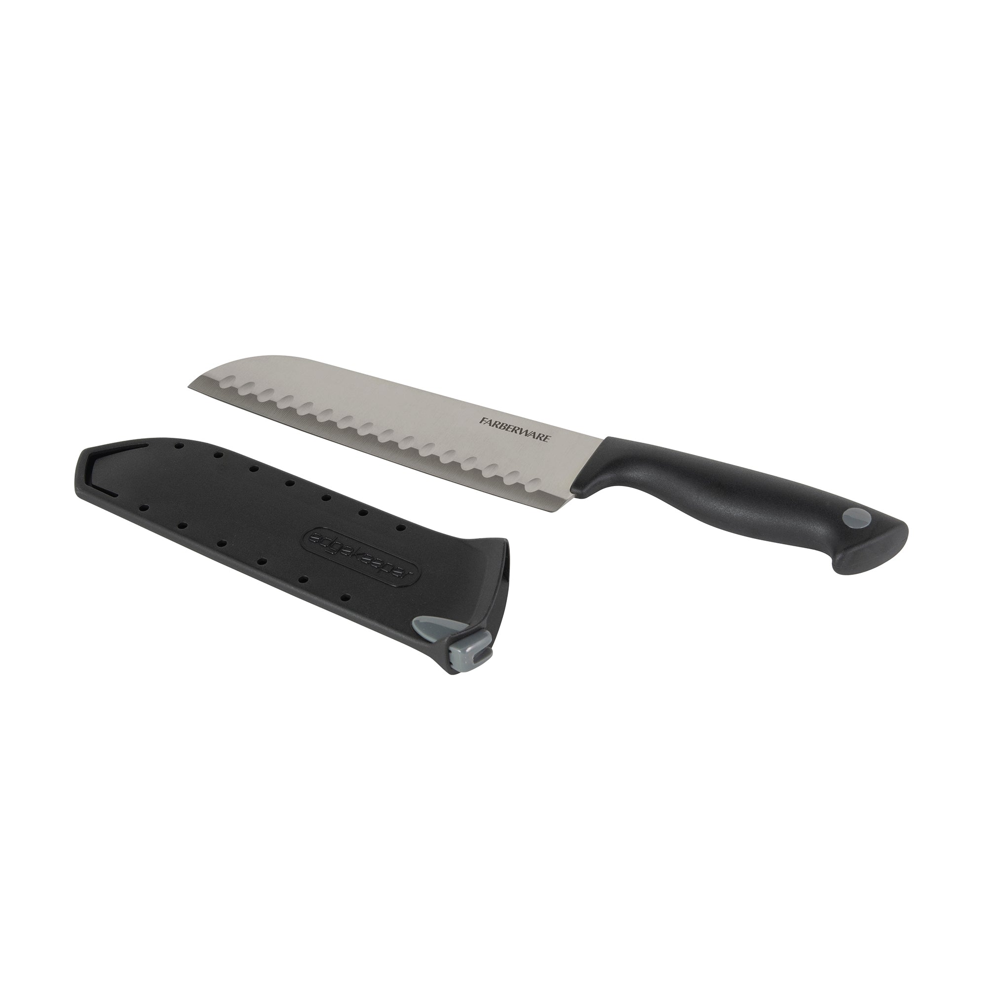 Farberware Edgekeeper 7-Inch Santoku Knife with Self-Sharpening Blade Cover, High Carbon-Stainless Steel Kitchen Knife with Ergonomic Handle, Razor-Sharp Knife, Black