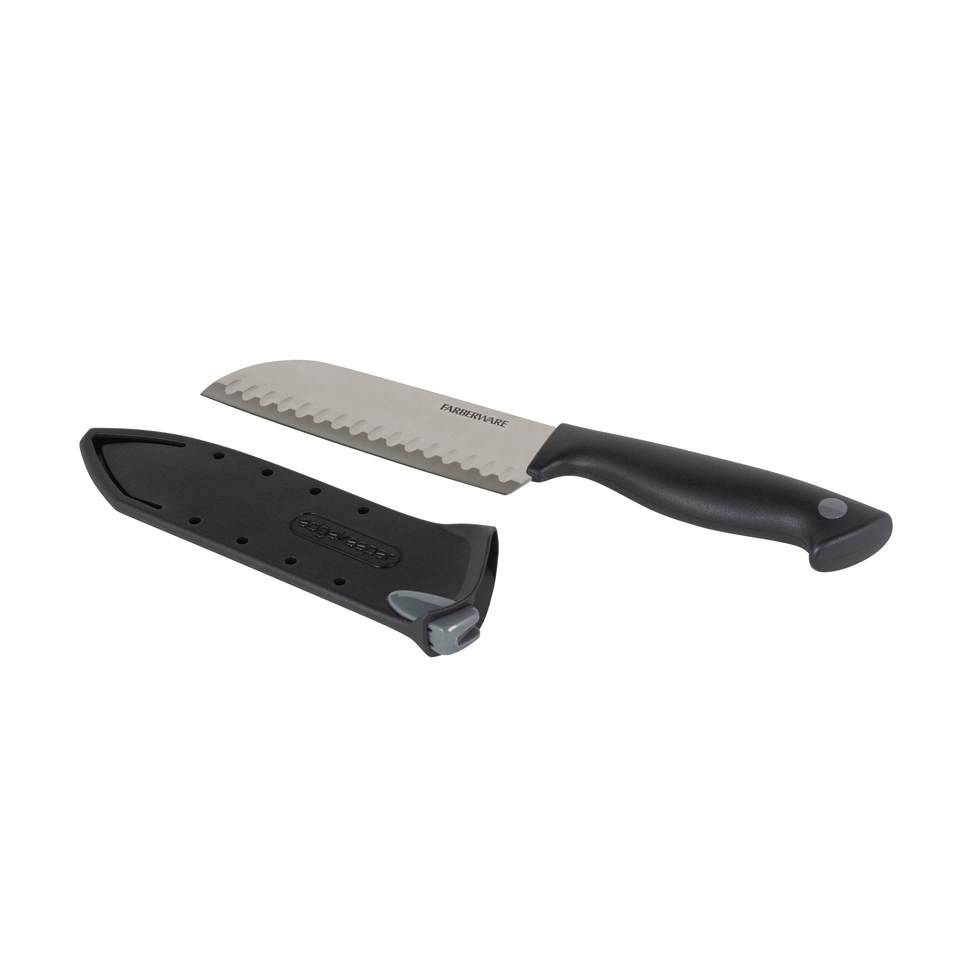 Farberware Edgekeeper 5-Inch Santoku Knife with Self-Sharpening Blade Cover, High Carbon-Stainless Steel Kitchen Knife with Ergonomic Handle, Razor-Sharp Knife, Black