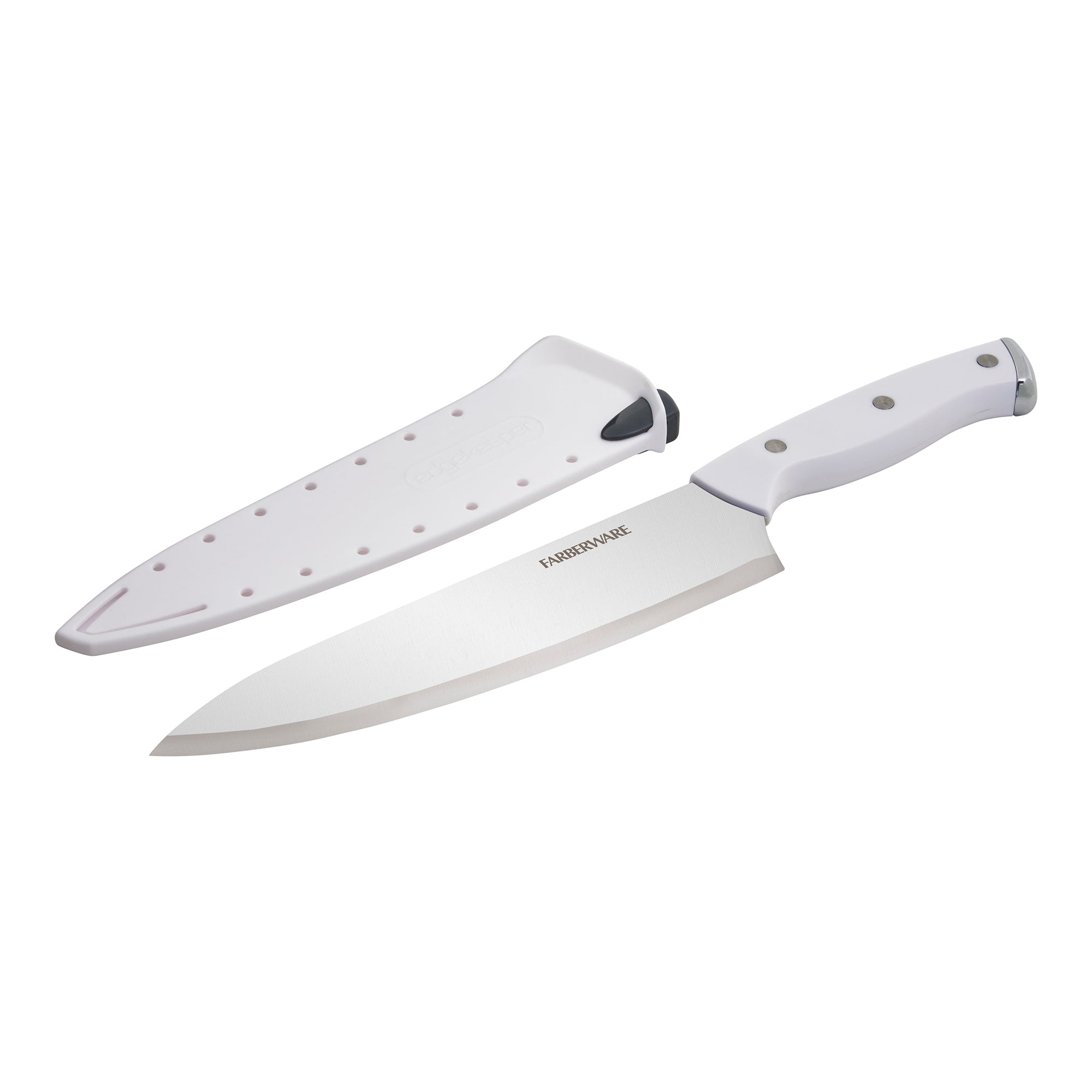 Farberware Edgekeeper Triple Riveted Chef Self-Sharpening Blade Cover, High Carbon-Stainless Steel Kitchen Ergonomic Handle, Razor-Sharp Knife, 8 Inch, White