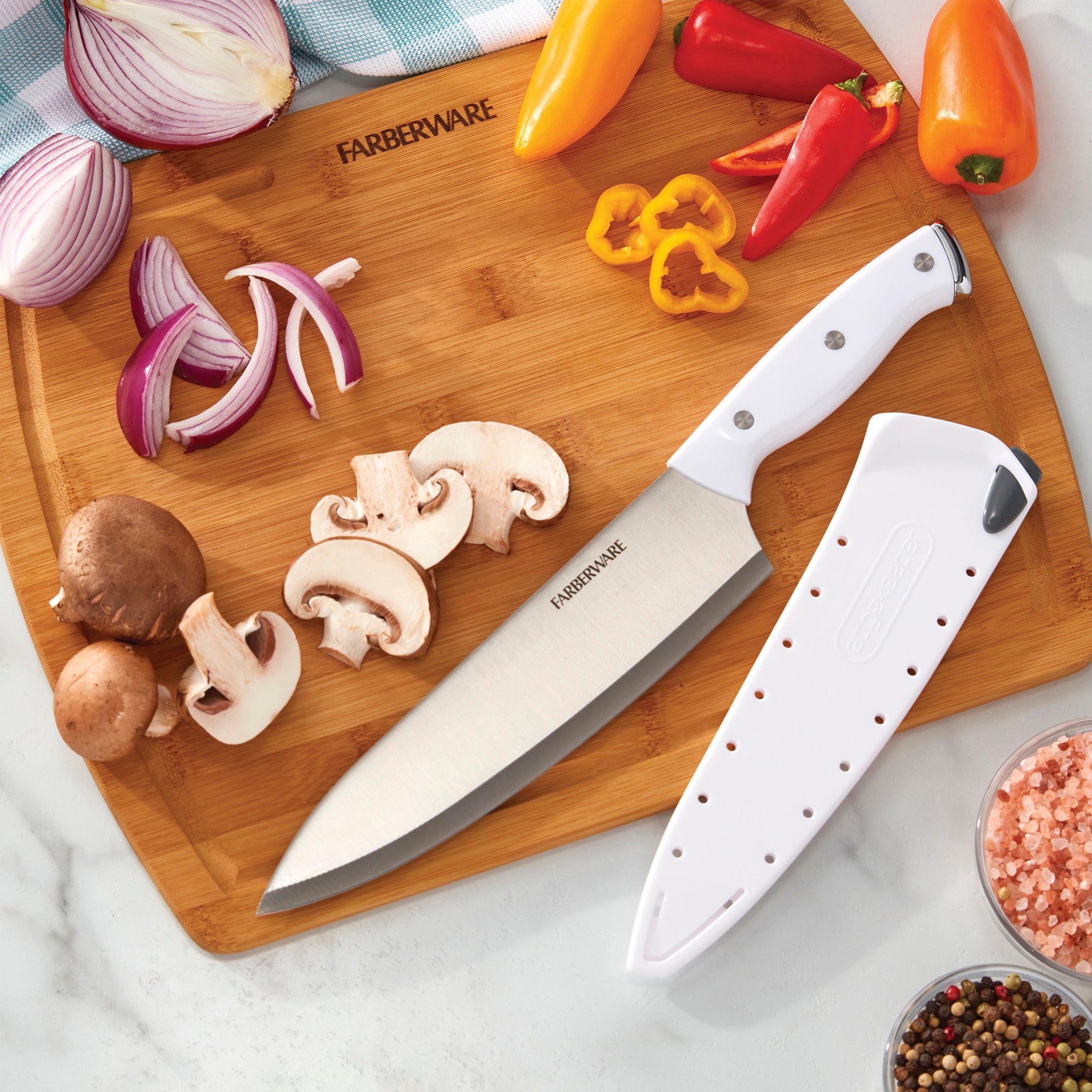 Farberware Edgekeeper Triple Riveted Chef Self-Sharpening Blade Cover, High Carbon-Stainless Steel Kitchen Ergonomic Handle, Razor-Sharp Knife, 8 Inch, White