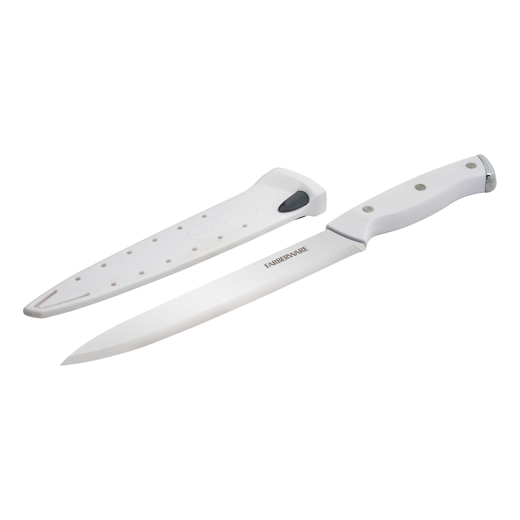 Farberware Edgekeeper Triple Riveted Slicing Self-Sharpening Blade Cover, High Carbon-Stainless Steel Kitchen Ergonomic Handle, Razor-Sharp Knife, 8 Inch, White