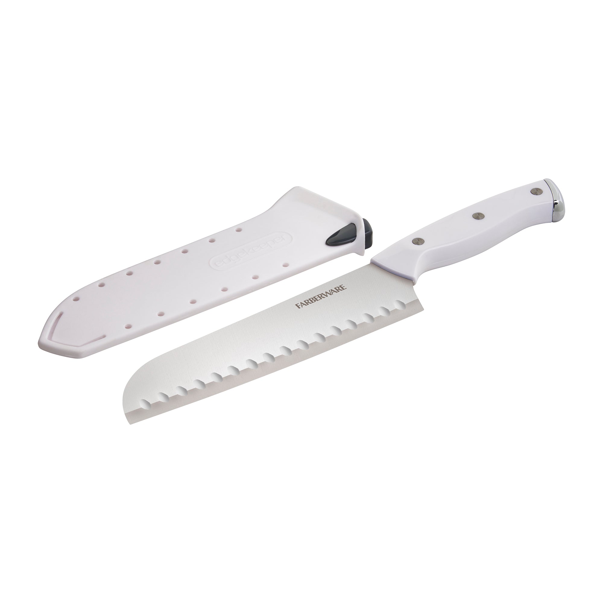 Farberware Edgekeeper Triple Riveted Santoku Self-Sharpening Blade Cover, High Carbon-Stainless Steel Kitchen Ergonomic Handle, Razor-Sharp Knife, 7 Inch, White