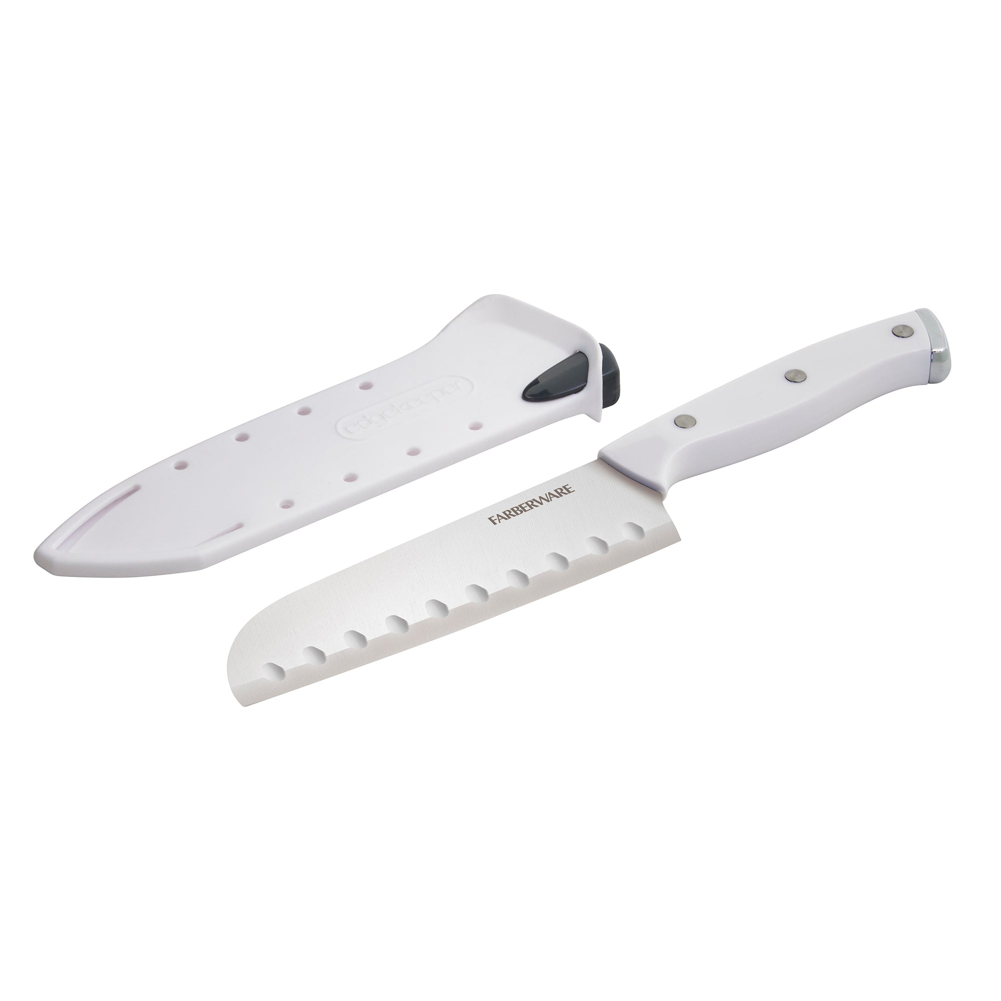 Farberware Edgekeeper Triple Riveted Santoku Self-Sharpening Blade Cover, High Carbon-Stainless Steel Kitchen Ergonomic Handle, Razor-Sharp Knife, 5 Inch, White
