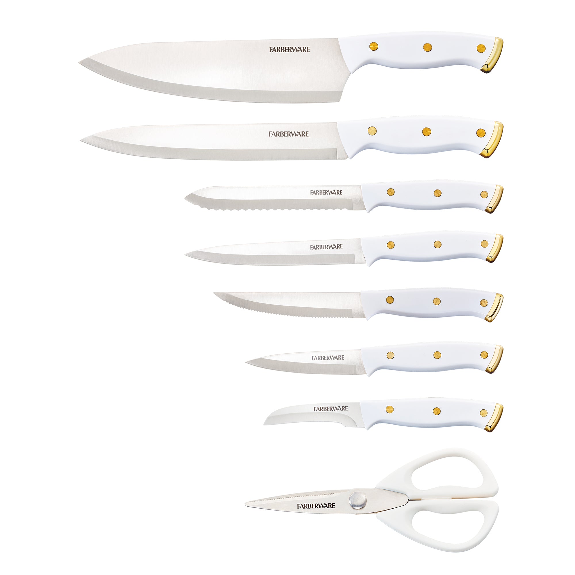 Farberware Triple Riveted Knife Block Set, 14-Piece, White and Gold