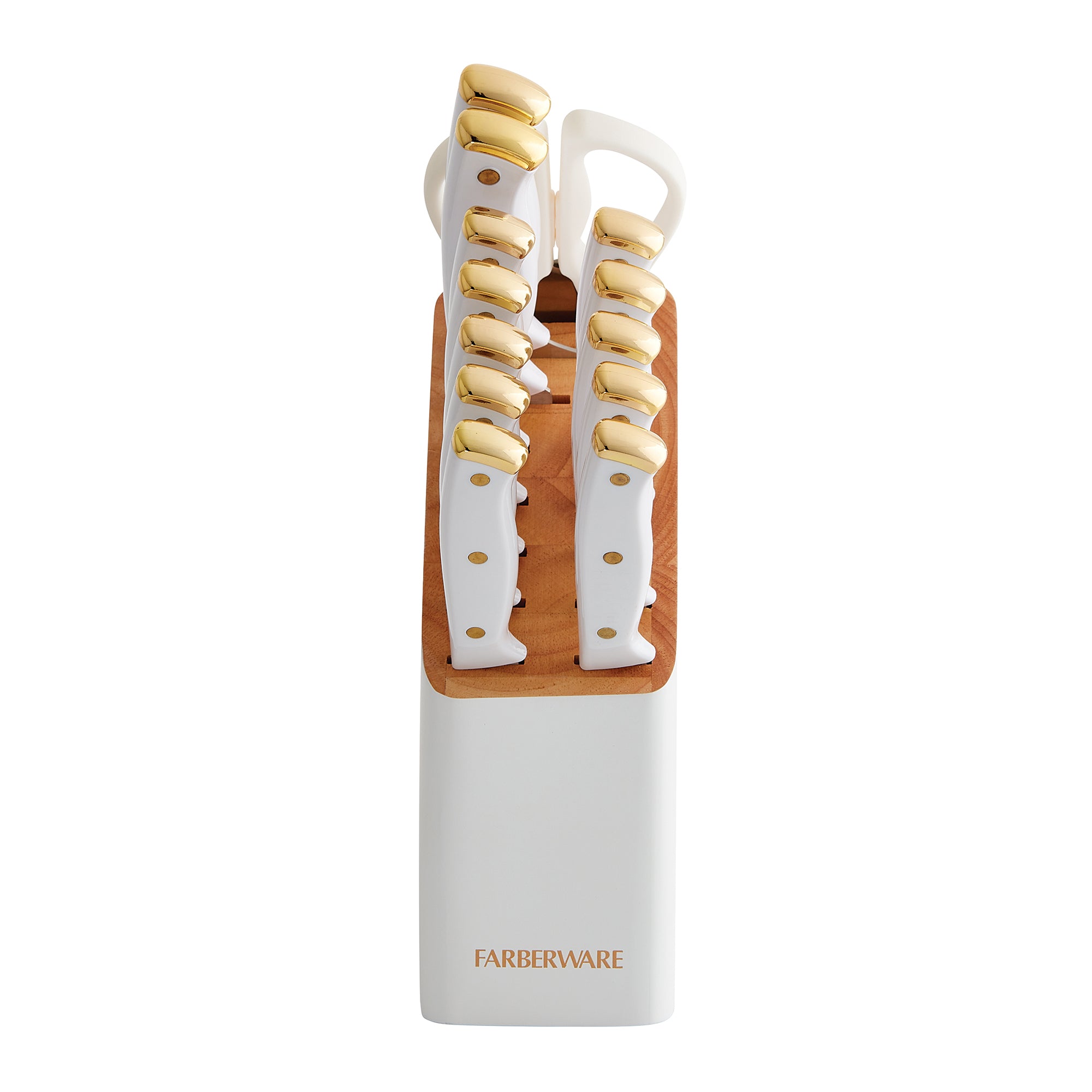 Farberware Triple Riveted Knife Block Set, 14-Piece, White and Gold