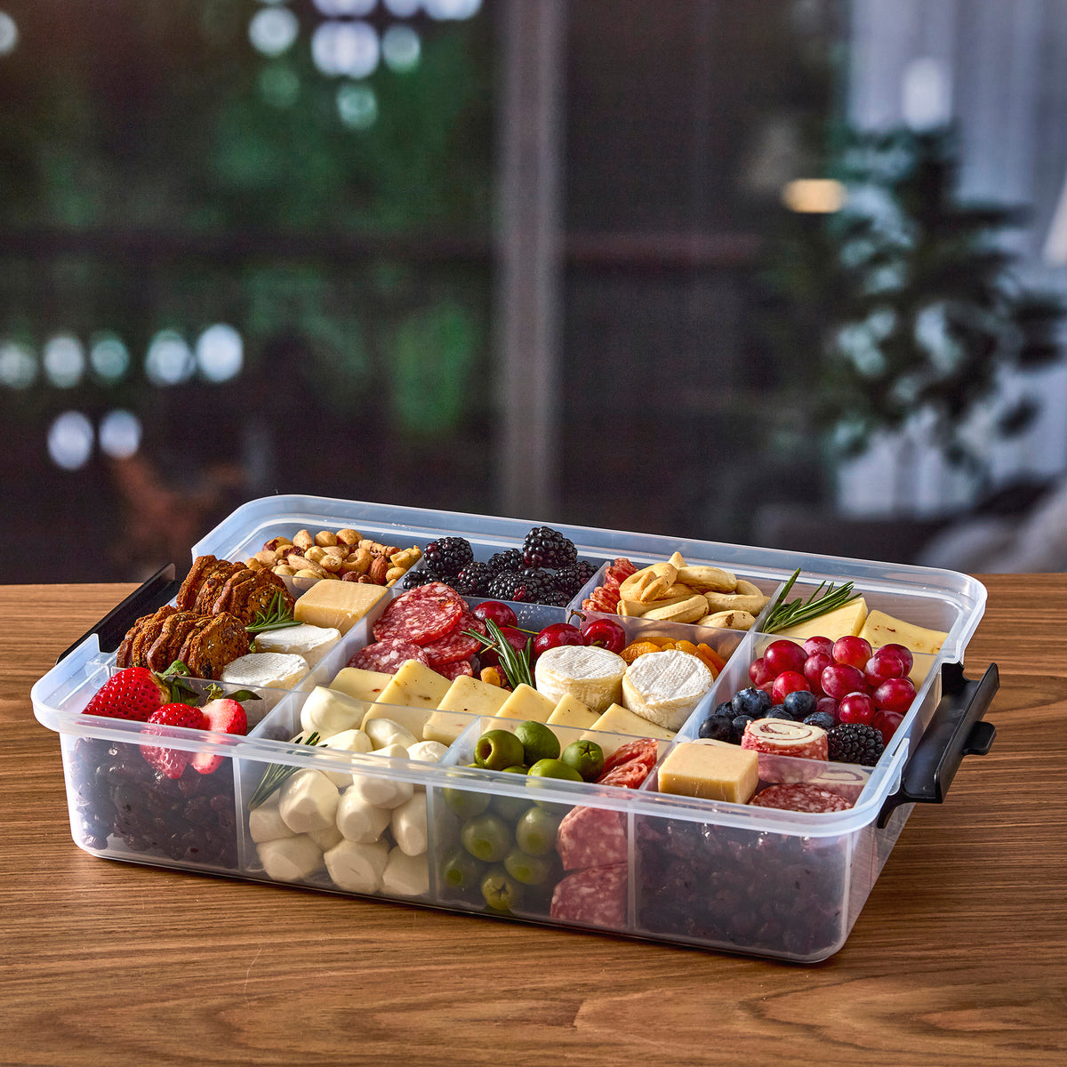 Farberware Build-a-Board SnackleBox with Locking Bamboo Cutting Board Lid, Portable Charcuterie Storage with Compartments,Make it. Take it. Enjoy it., 11x16-Inch, Natural