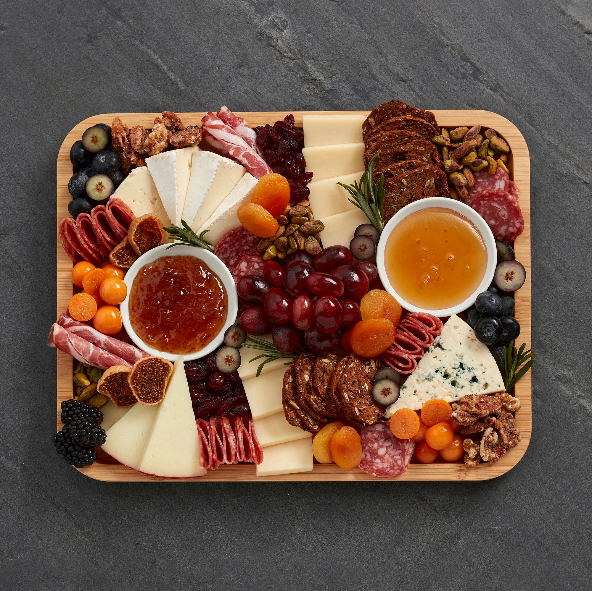 Farberware Build-A-Board Bamboo Cutting Board with Built-in Compartments and Clear Locking Lid with Navy Handles, Perfect for Charcuterie, Snacks, and More - Make it. Take it. Enjoy it, 11x14 Inches