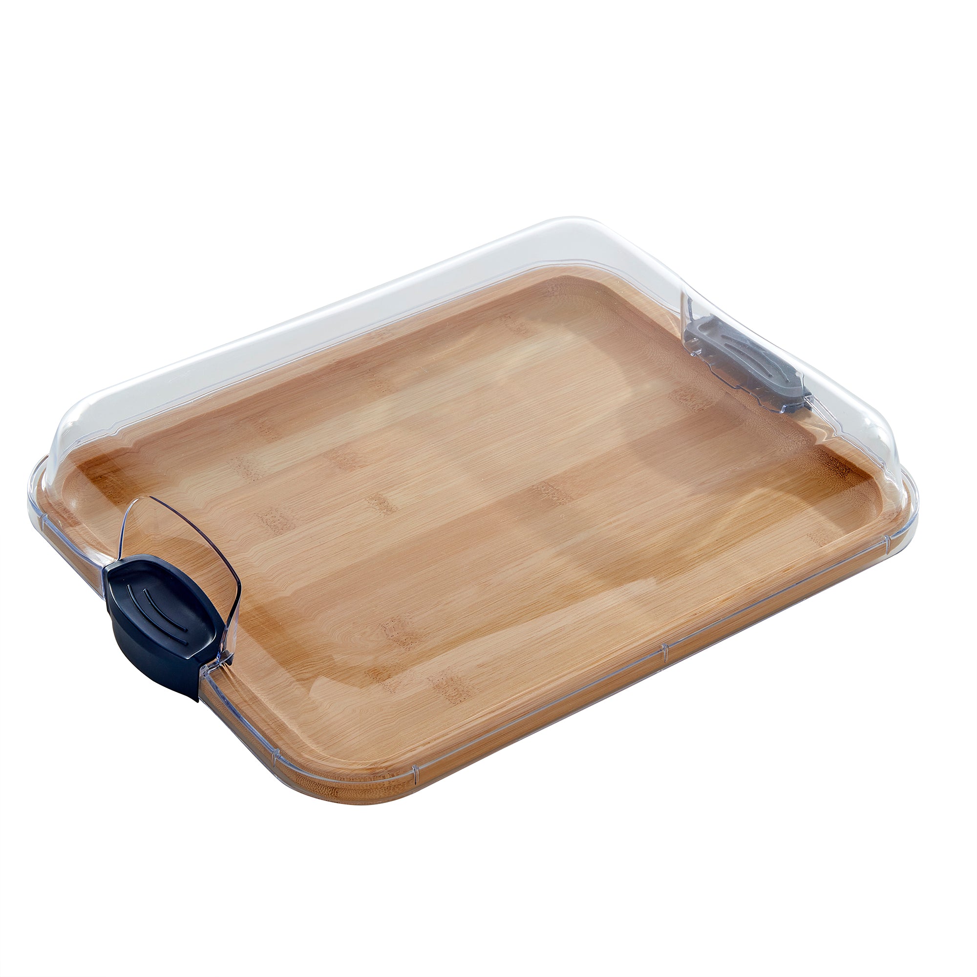 Farberware Build-A-Board Bamboo Cutting Board with Built-in Compartments and Clear Locking Lid with Navy Handles, Perfect for Charcuterie, Snacks, and More - Make it. Take it. Enjoy it, 11x14 Inches