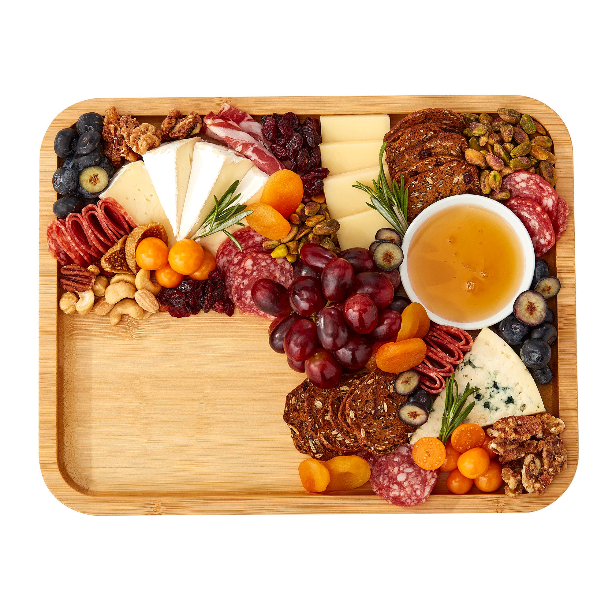 Farberware Build-A-Board Bamboo Cutting Board with Built-in Compartments and Clear Locking Lid with Navy Handles, Perfect for Charcuterie, Snacks, and More - Make it. Take it. Enjoy it, 11x14 Inches