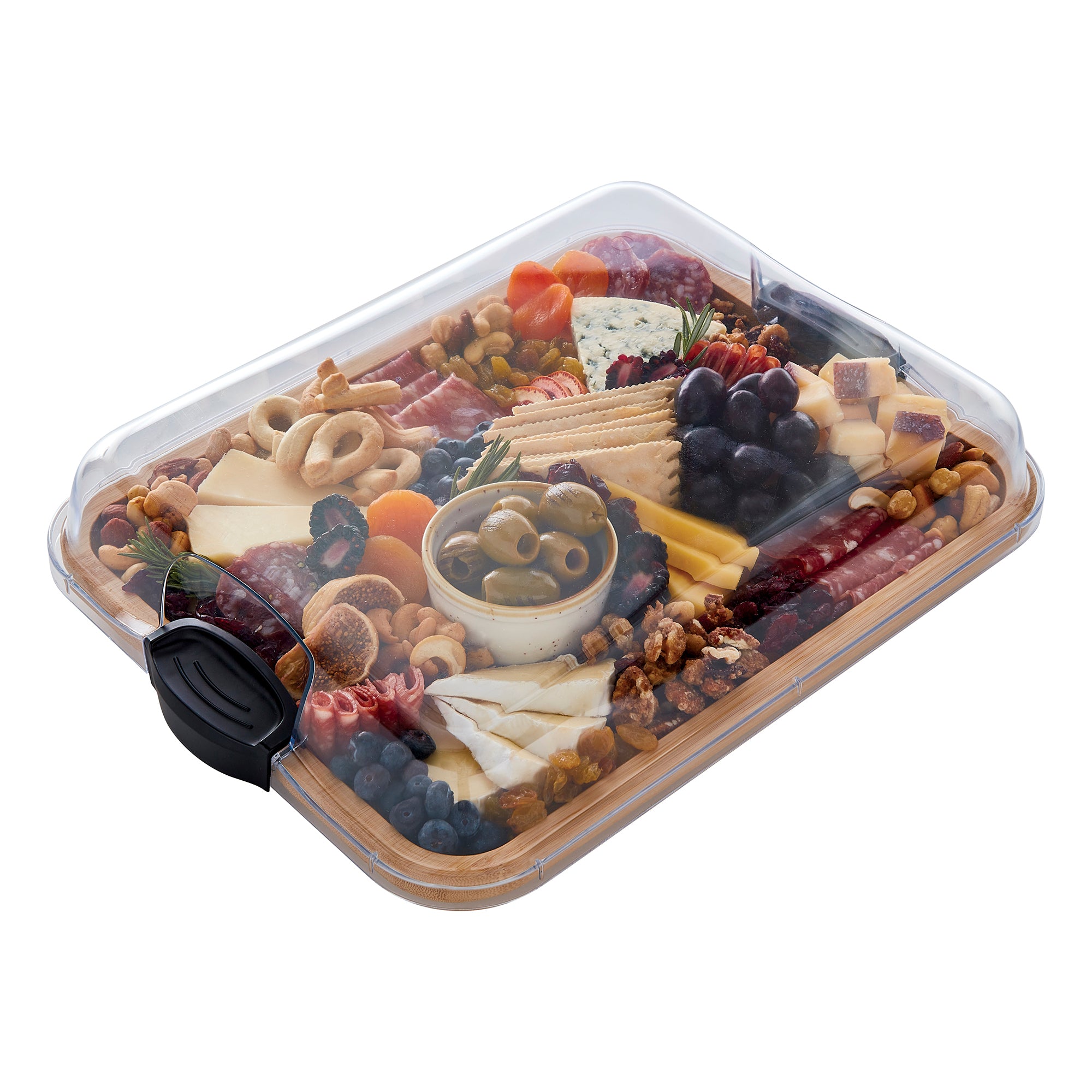 Farberware Build-A-Board Bamboo Cutting Board with Clear Locking Lid and Black Handles, Perfect for Charcuterie, Snacks, and More - Make it. Take it. Enjoy it, 11x14 Inch, Single Compartment