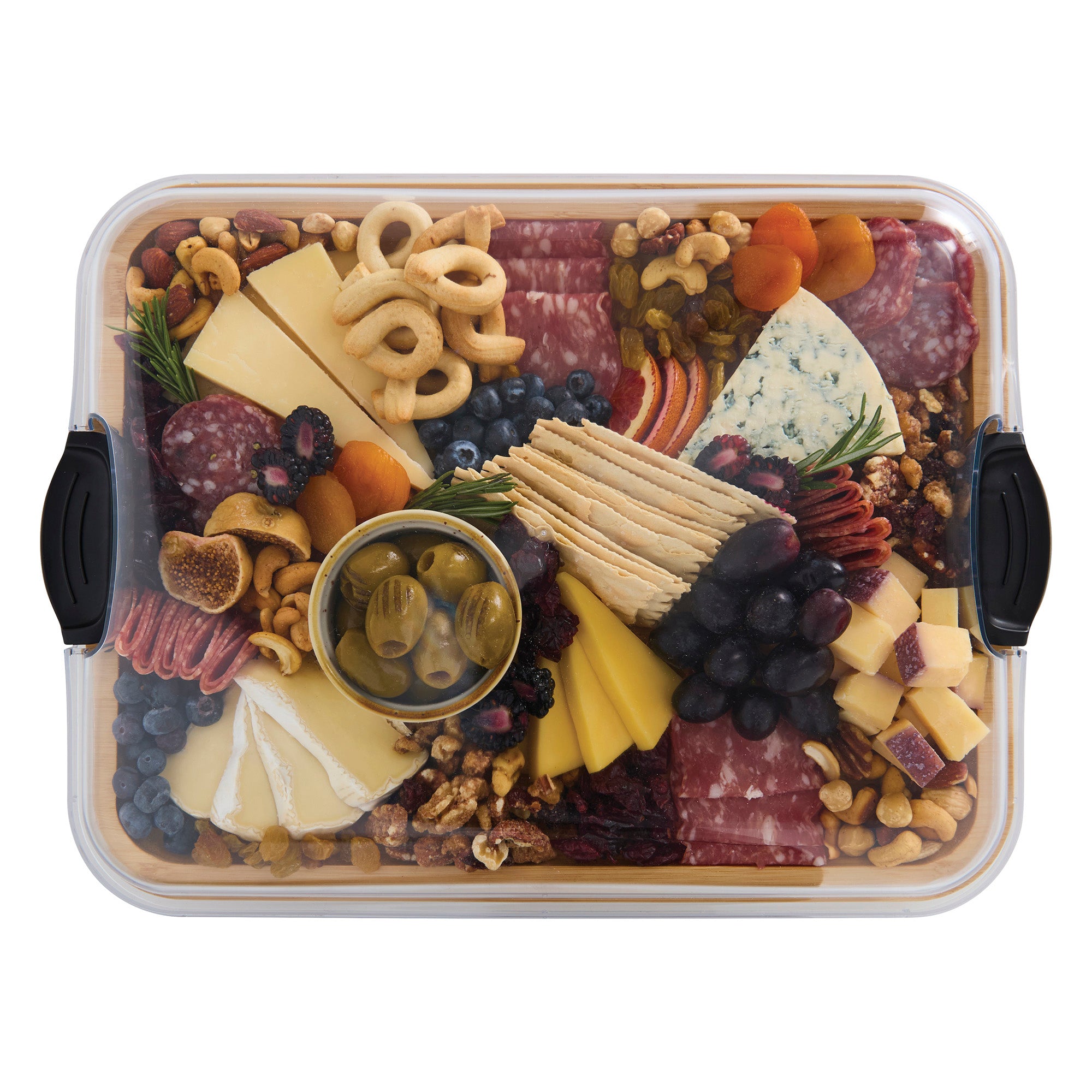 Farberware Build-A-Board Bamboo Cutting Board with Clear Locking Lid and Black Handles, Perfect for Charcuterie, Snacks, and More - Make it. Take it. Enjoy it, 11x14 Inch, Single Compartment