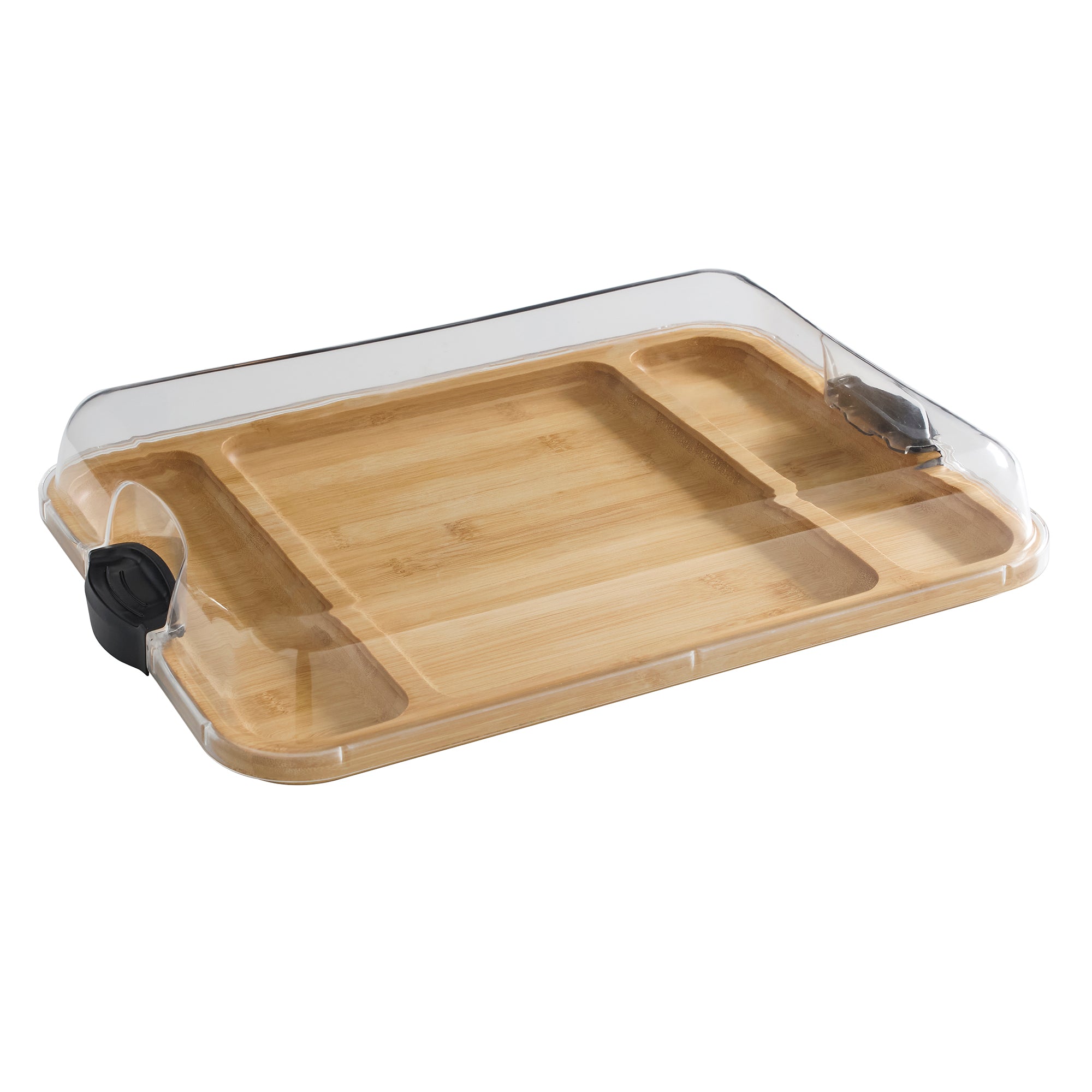 Farberware Build-a-Board Cutting Board with Three Compartments and Clear Locking Lid for Charcuterie, Snacks, and More-Make it. Take it. Enjoy it, 12x16 Inch, Bamboo