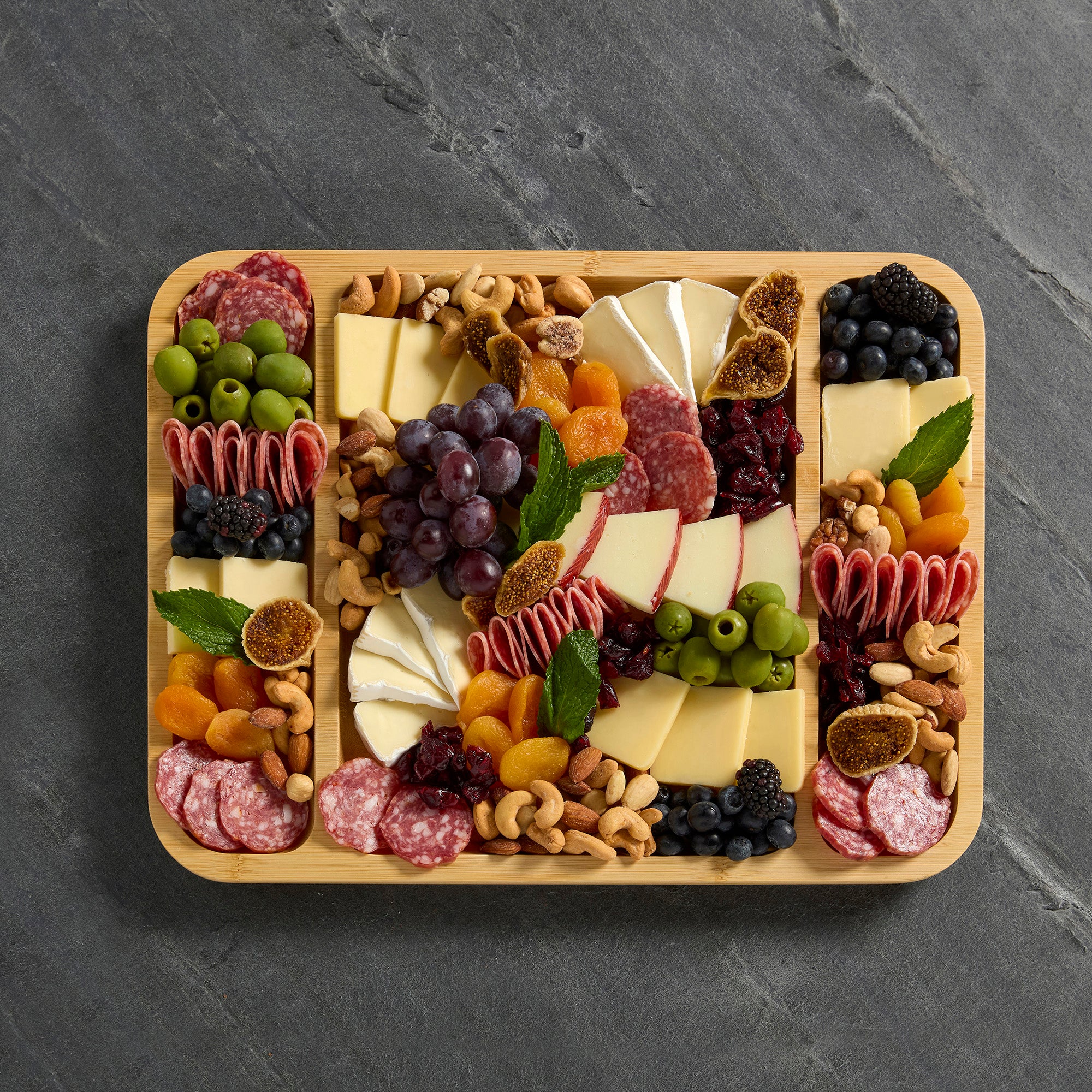 Farberware Build-a-Board Cutting Board with Three Compartments and Clear Locking Lid for Charcuterie, Snacks, and More-Make it. Take it. Enjoy it, 12x16 Inch, Bamboo