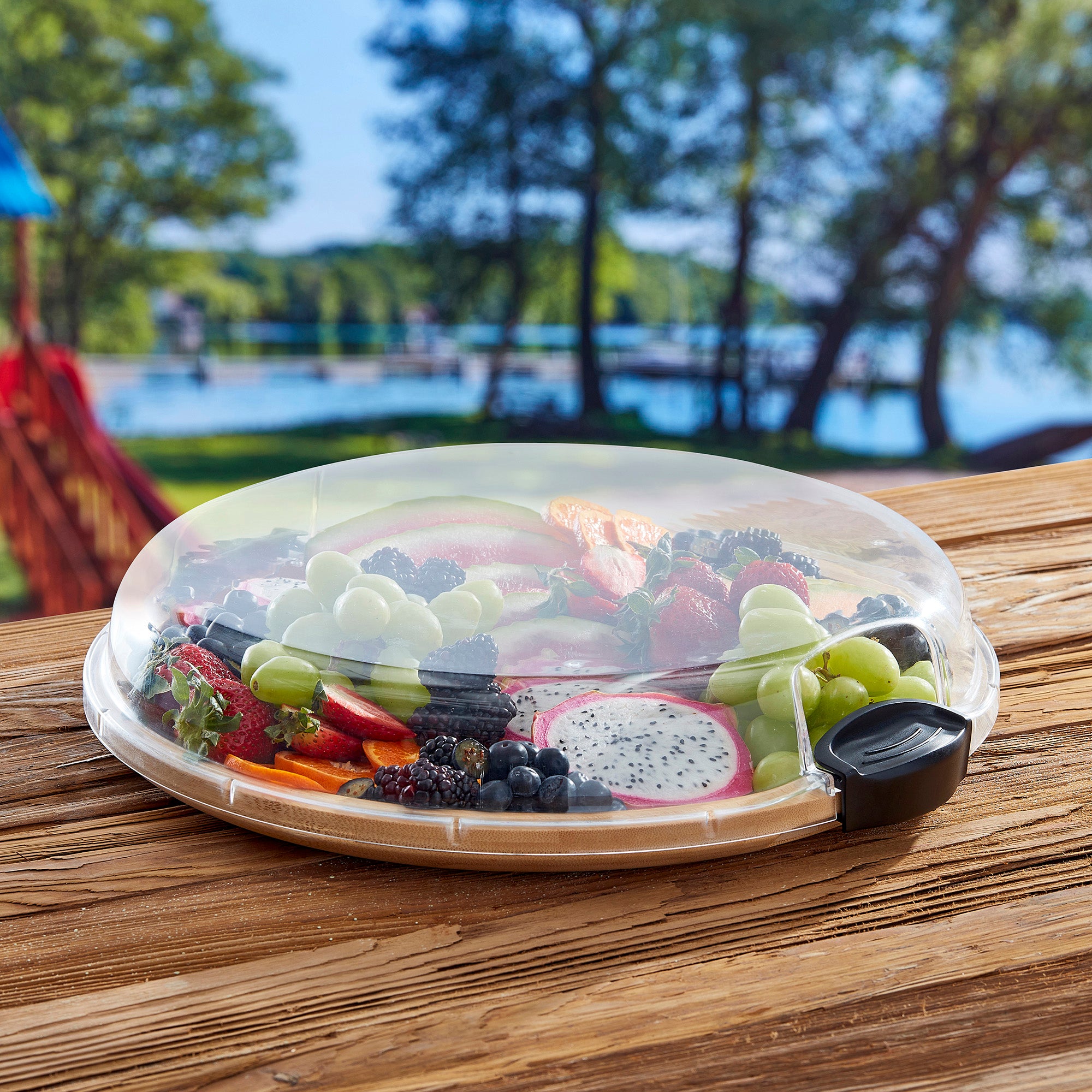 Farberware Build-a-Board Cutting Board with Single Compartment and Clear Locking Lid for Charcuterie, Snacks, and More-Make it. Take it. Enjoy it, 14-Inch Round, Bamboo