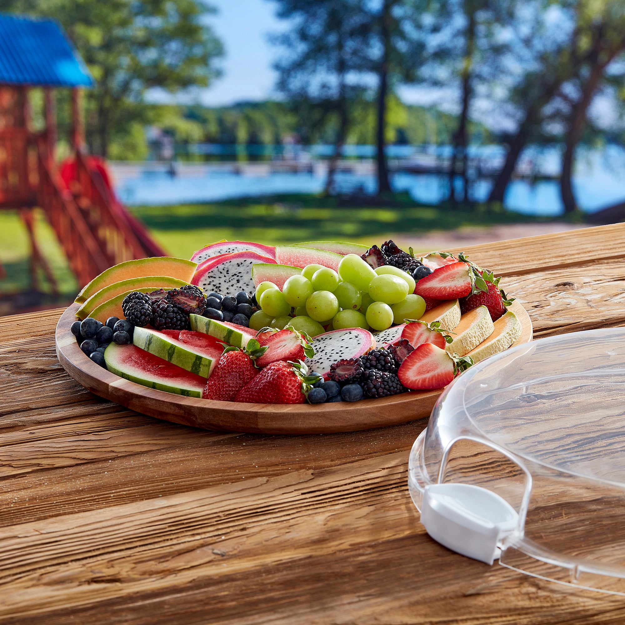 Farberware Build-a-Board Cutting Board with Single Compartment and Clear Locking Lid for Charcuterie, Snacks, and More-Make it. Take it. Enjoy it, 14-Inch Round, Acacia