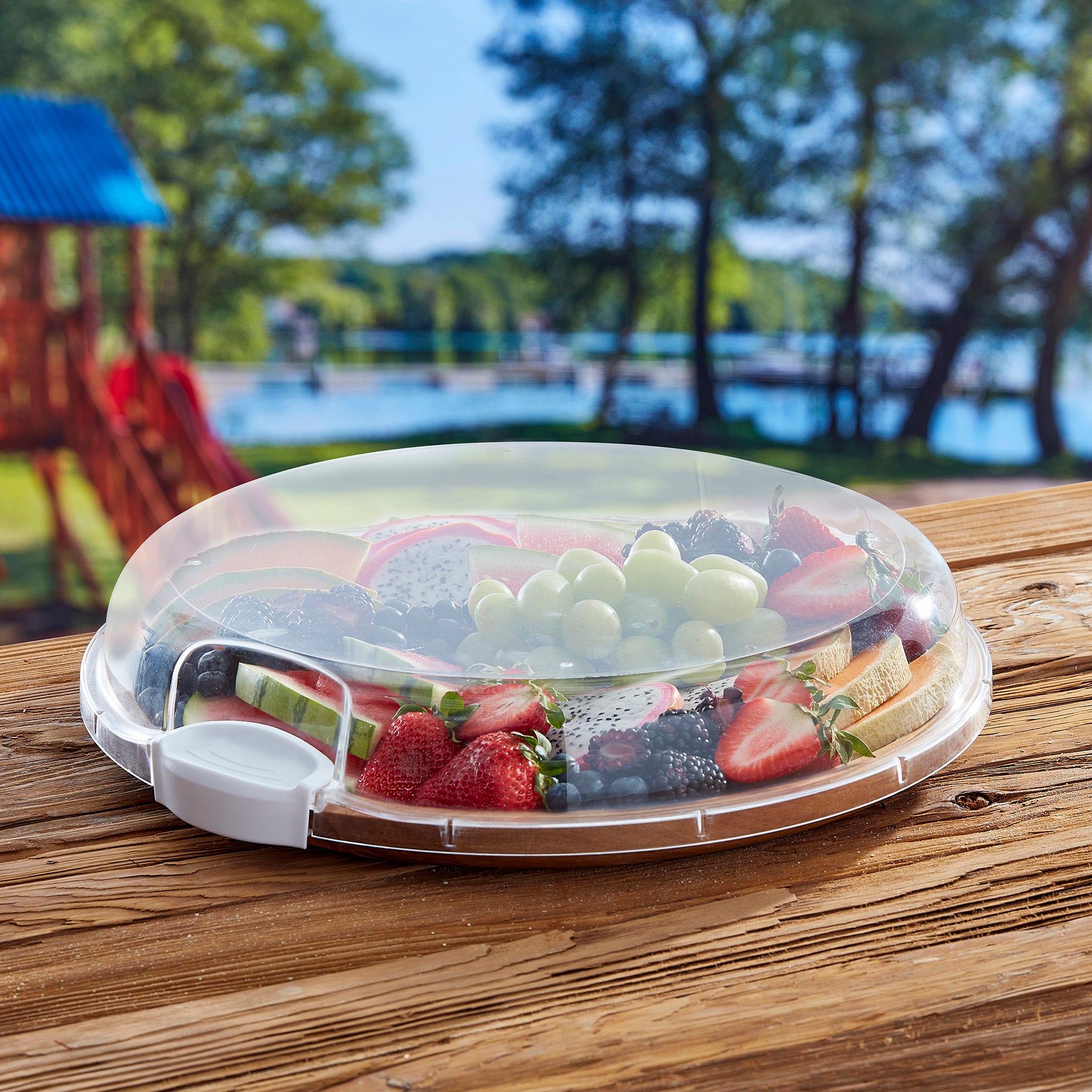 Farberware Build-a-Board Cutting Board with Single Compartment and Clear Locking Lid for Charcuterie, Snacks, and More-Make it. Take it. Enjoy it, 14-Inch Round, Acacia