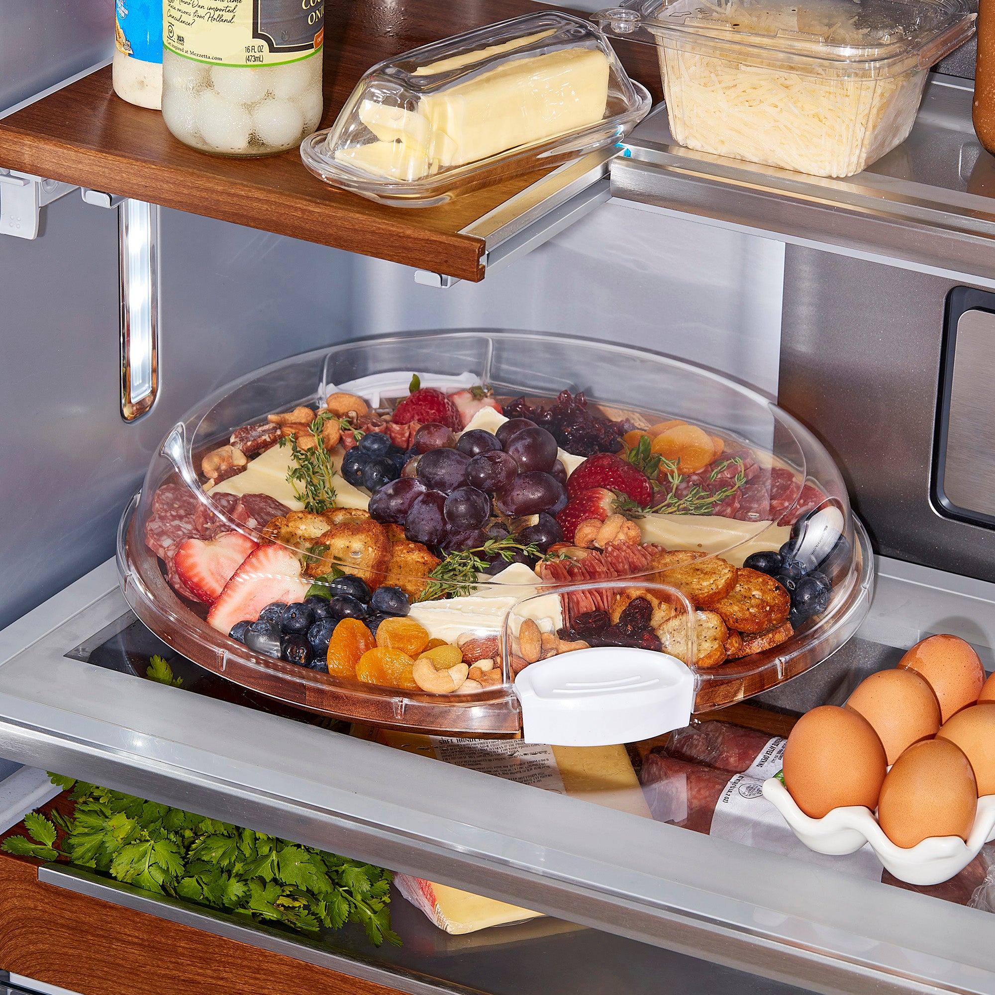 Farberware Build-a-Board Cutting Board with Single Compartment and Clear Locking Lid for Charcuterie, Snacks, and More-Make it. Take it. Enjoy it, 14-Inch Round, Acacia