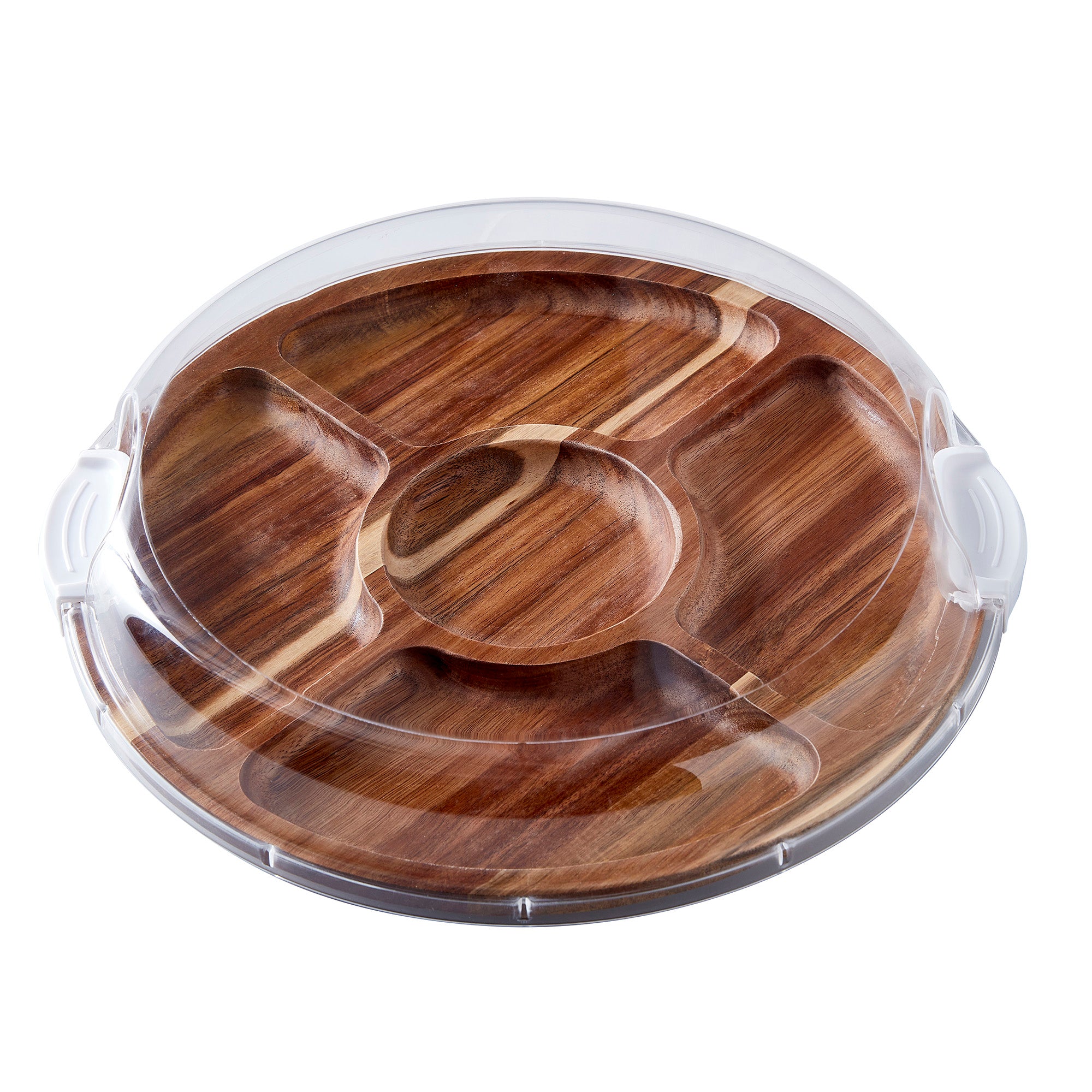 Farberware Build-a-Board Cutting Board with Lazy Susan Turntable, Five Compartments, and Clear Locking Lid for Charcuterie, Snacks, and More - Make it. Take it. Enjoy it, 14-Inch Round, Acacia