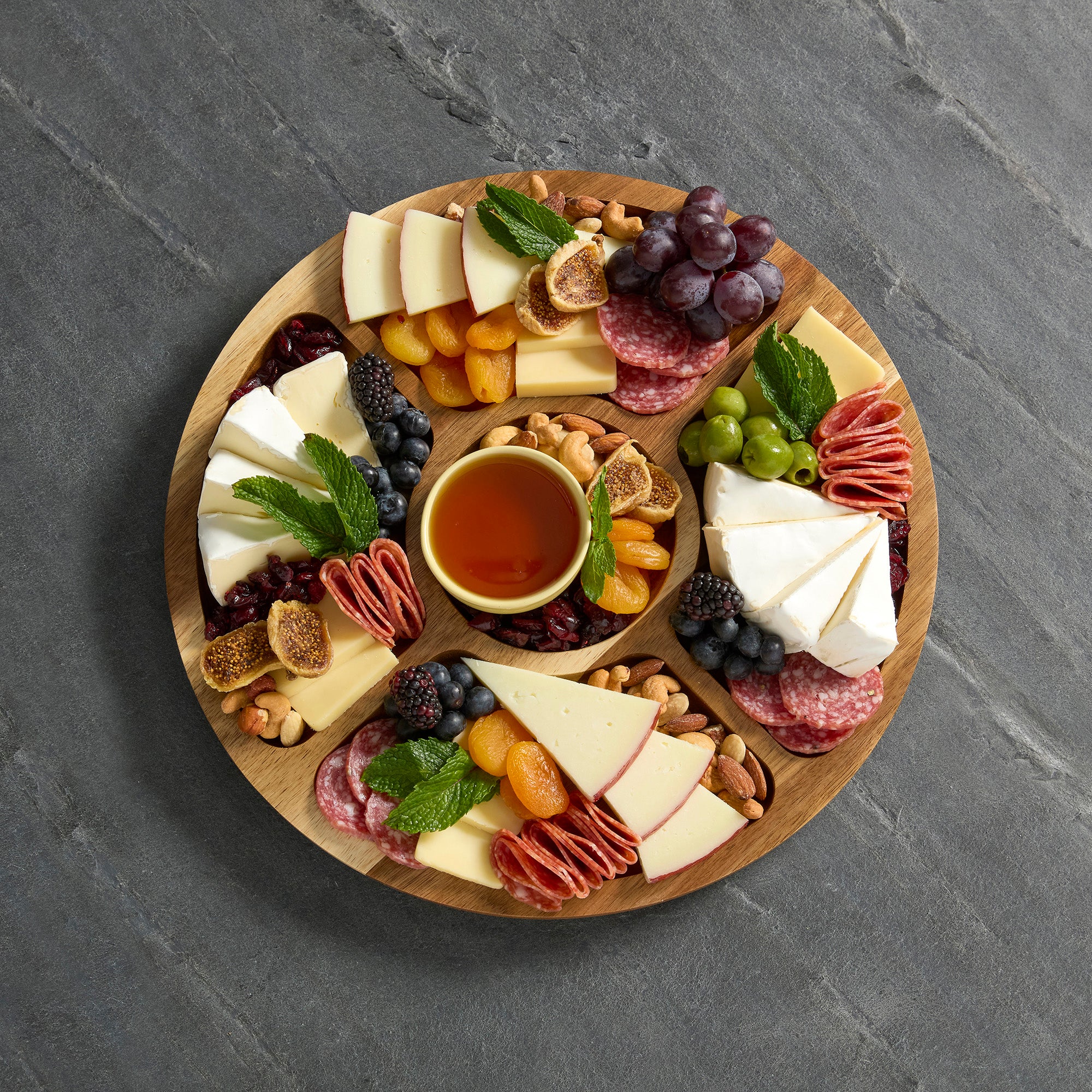 Farberware Build-a-Board Cutting Board with Lazy Susan Turntable, Five Compartments, and Clear Locking Lid for Charcuterie, Snacks, and More - Make it. Take it. Enjoy it, 14-Inch Round, Acacia