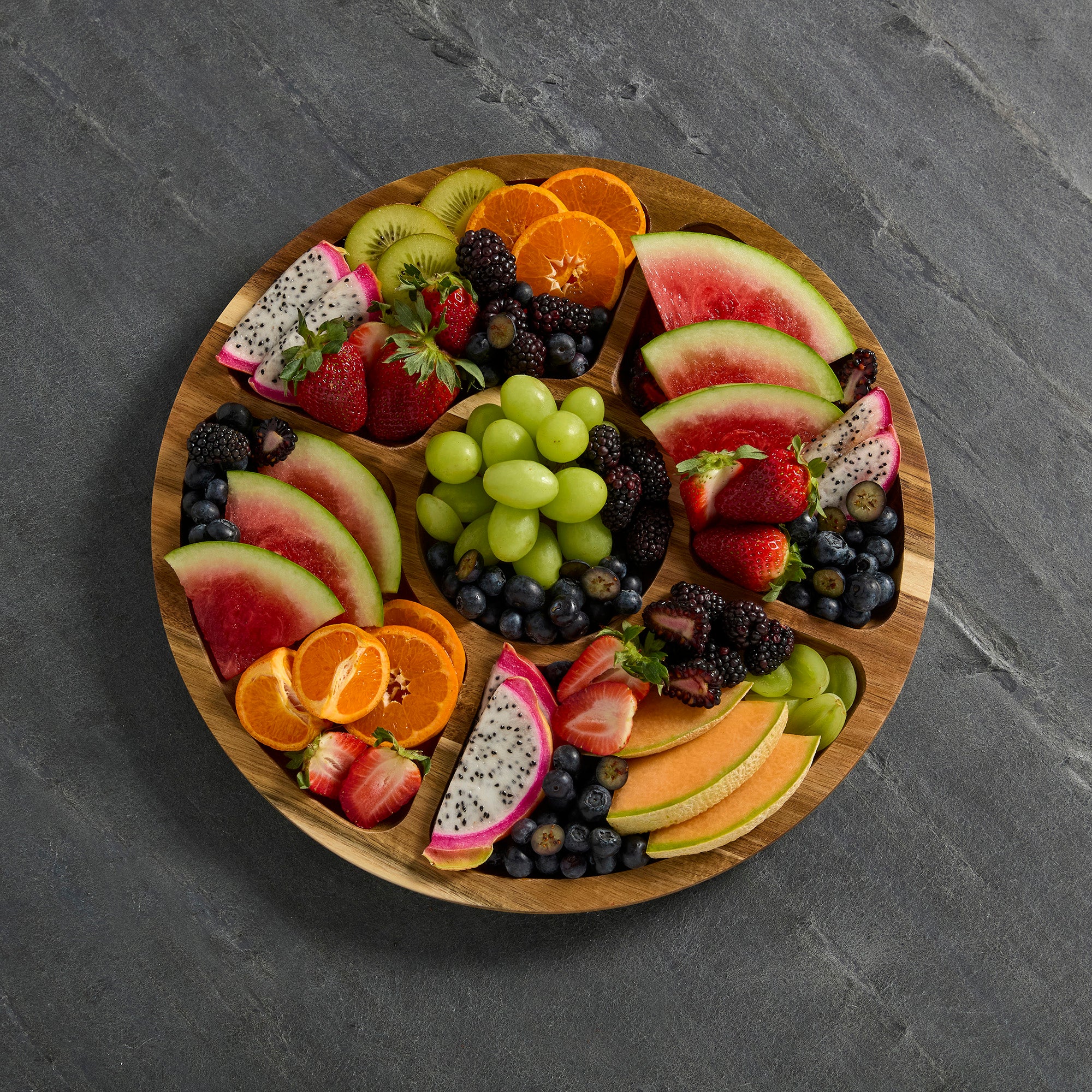 Farberware Build-a-Board Cutting Board with Lazy Susan Turntable, Five Compartments, and Clear Locking Lid for Charcuterie, Snacks, and More - Make it. Take it. Enjoy it, 14-Inch Round, Acacia