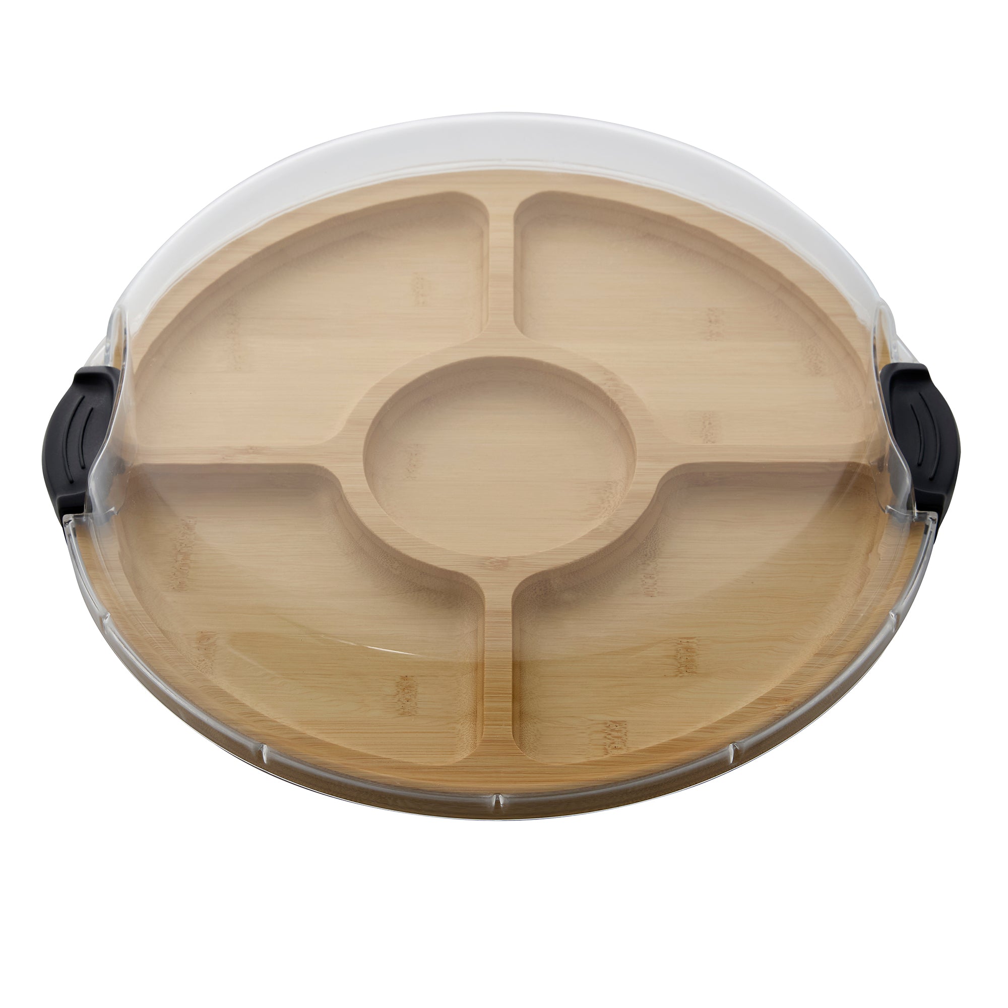 Farberware Build-a-Board Cutting Board with Five Compartments and Clear Locking Lid for Charcuterie, Snacks, and More-Make it. Take it. Enjoy it, 14-Inch Round, Bamboo