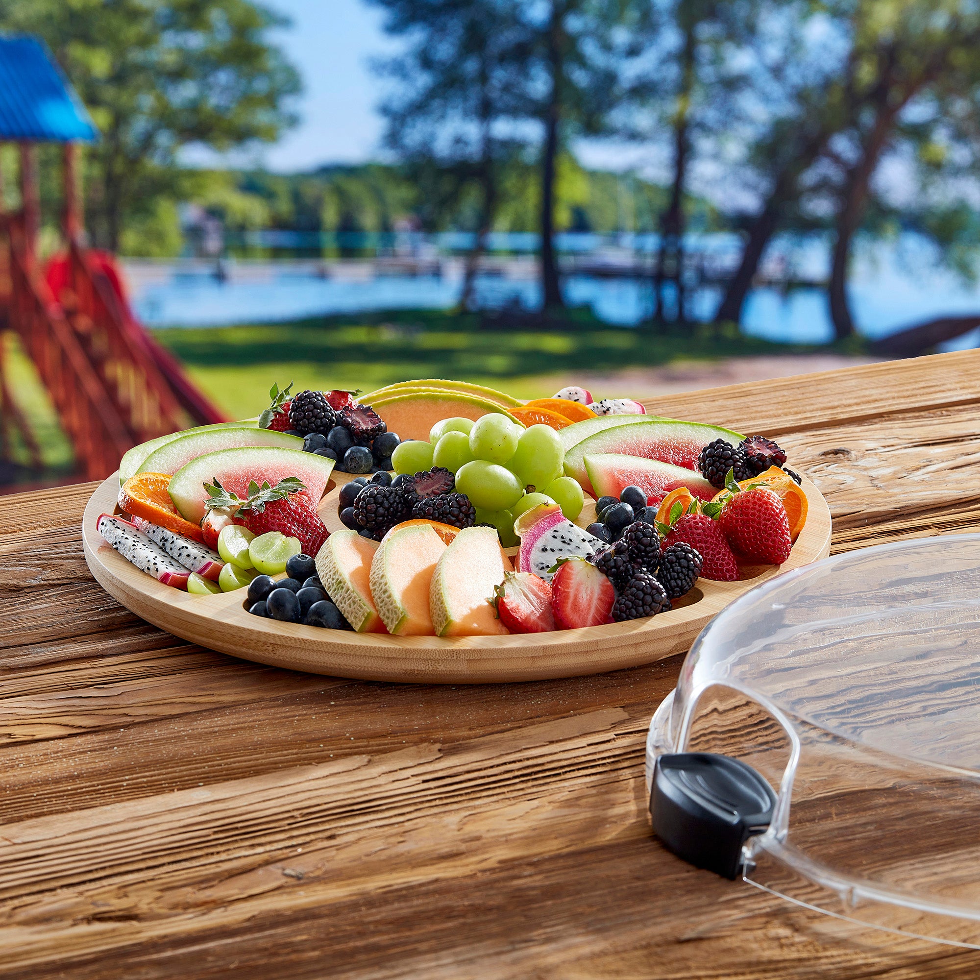 Farberware Build-a-Board Cutting Board with Five Compartments and Clear Locking Lid for Charcuterie, Snacks, and More-Make it. Take it. Enjoy it, 14-Inch Round, Bamboo