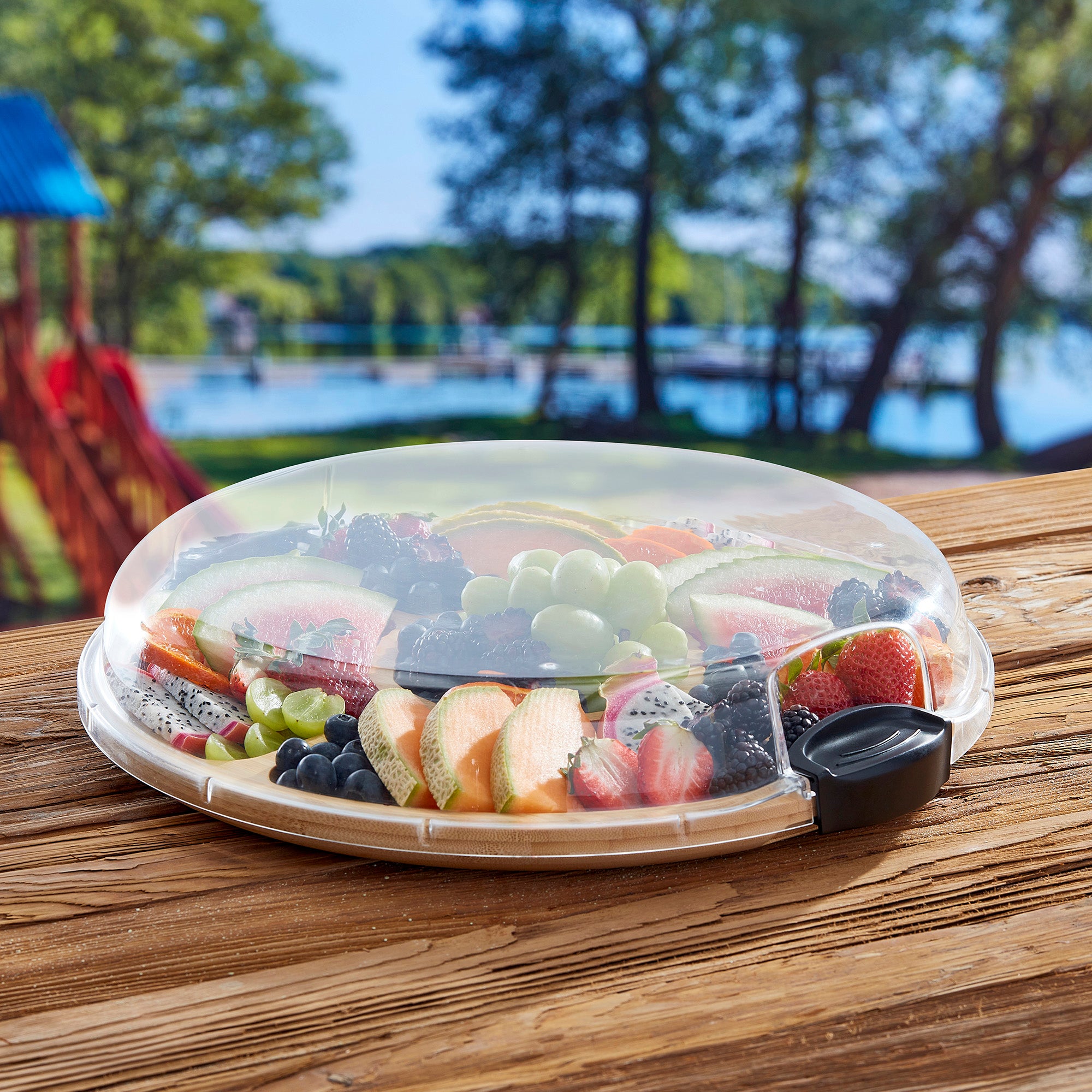Farberware Build-a-Board Cutting Board with Five Compartments and Clear Locking Lid for Charcuterie, Snacks, and More-Make it. Take it. Enjoy it, 14-Inch Round, Bamboo