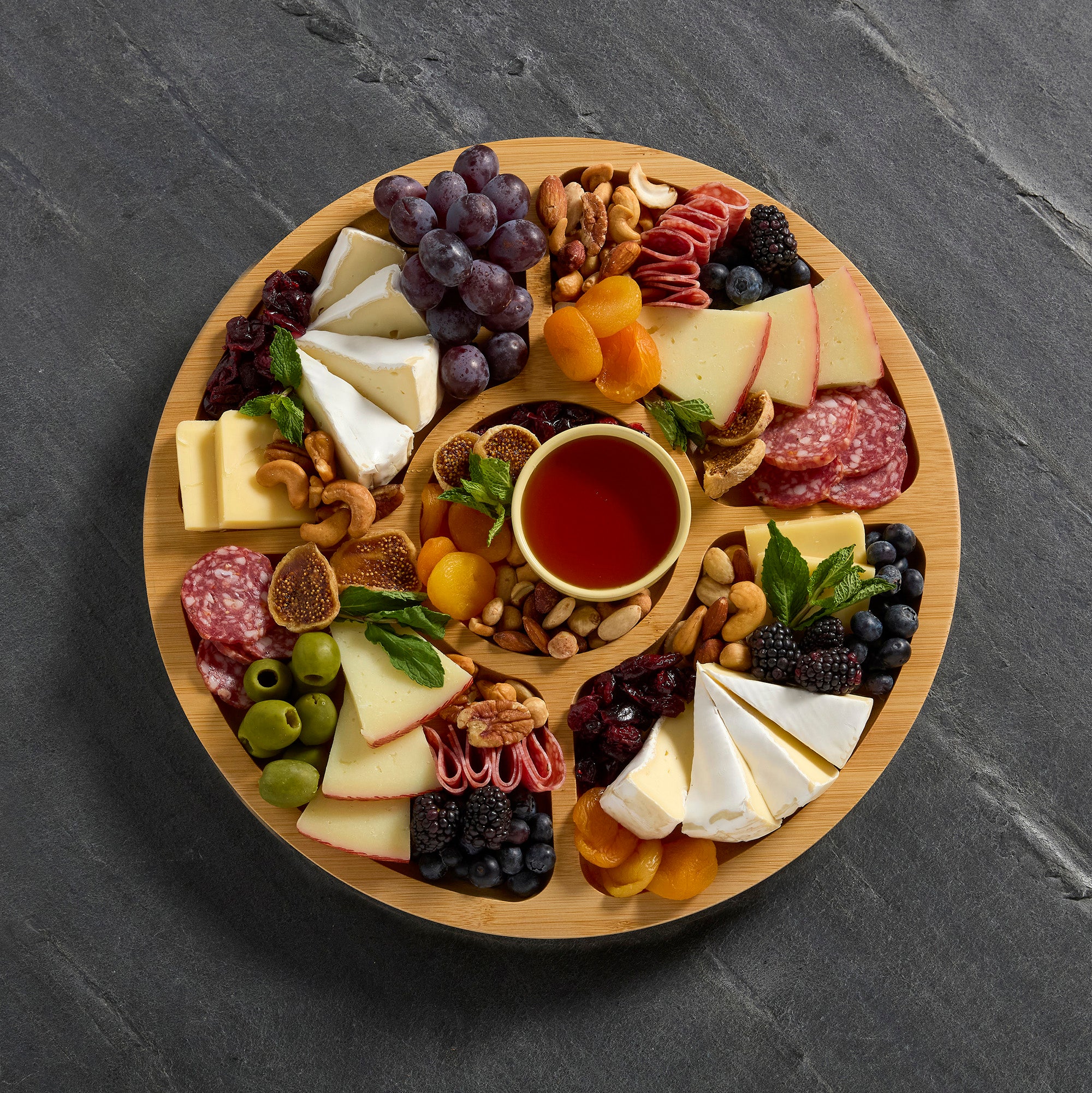 Farberware Build-a-Board Cutting Board with Five Compartments and Clear Locking Lid for Charcuterie, Snacks, and More-Make it. Take it. Enjoy it, 14-Inch Round, Bamboo