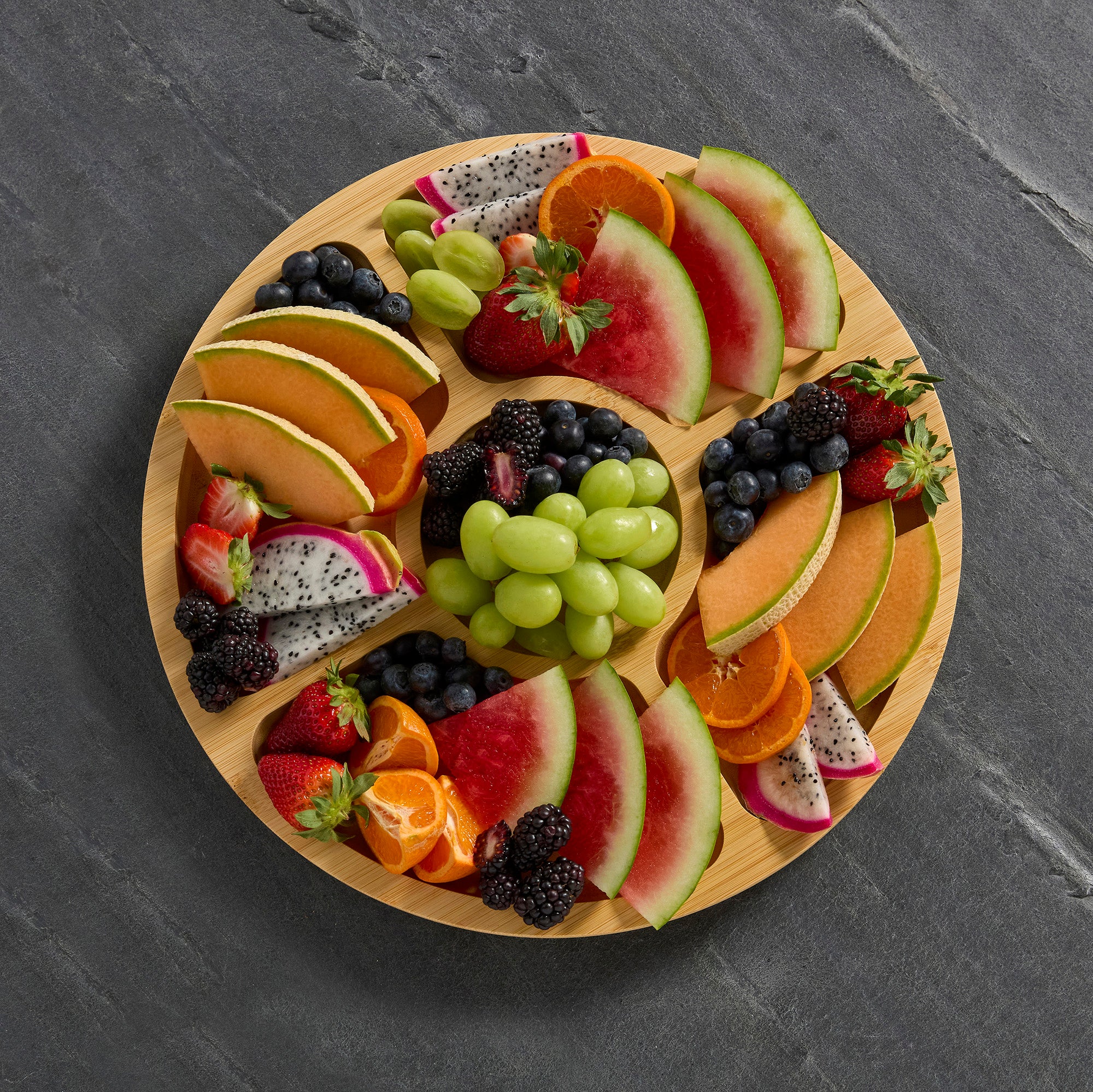 Farberware Build-a-Board Cutting Board with Five Compartments and Clear Locking Lid for Charcuterie, Snacks, and More-Make it. Take it. Enjoy it, 14-Inch Round, Bamboo