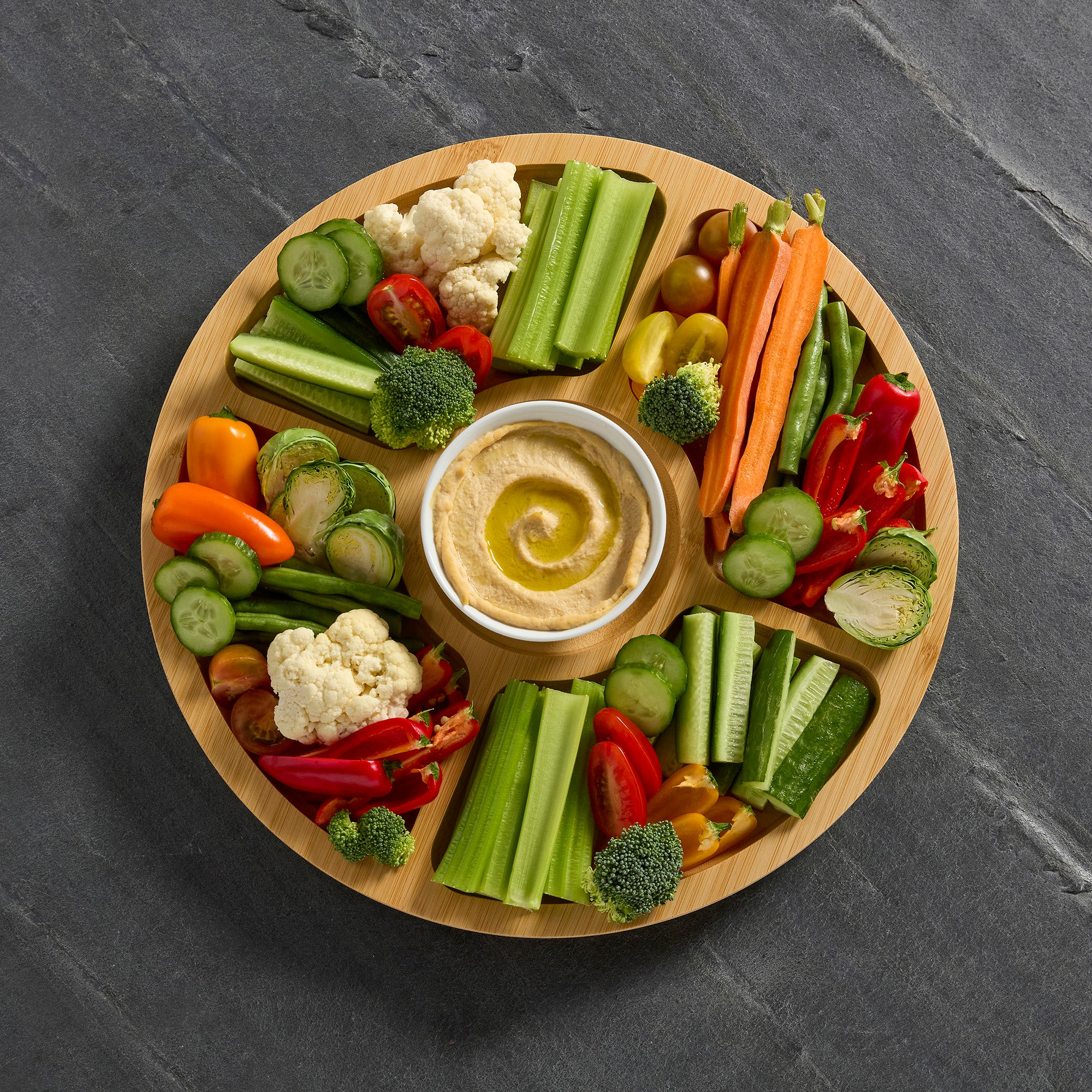 Farberware Build-a-Board Cutting Board with Five Compartments and Clear Locking Lid for Charcuterie, Snacks, and More-Make it. Take it. Enjoy it, 14-Inch Round, Bamboo