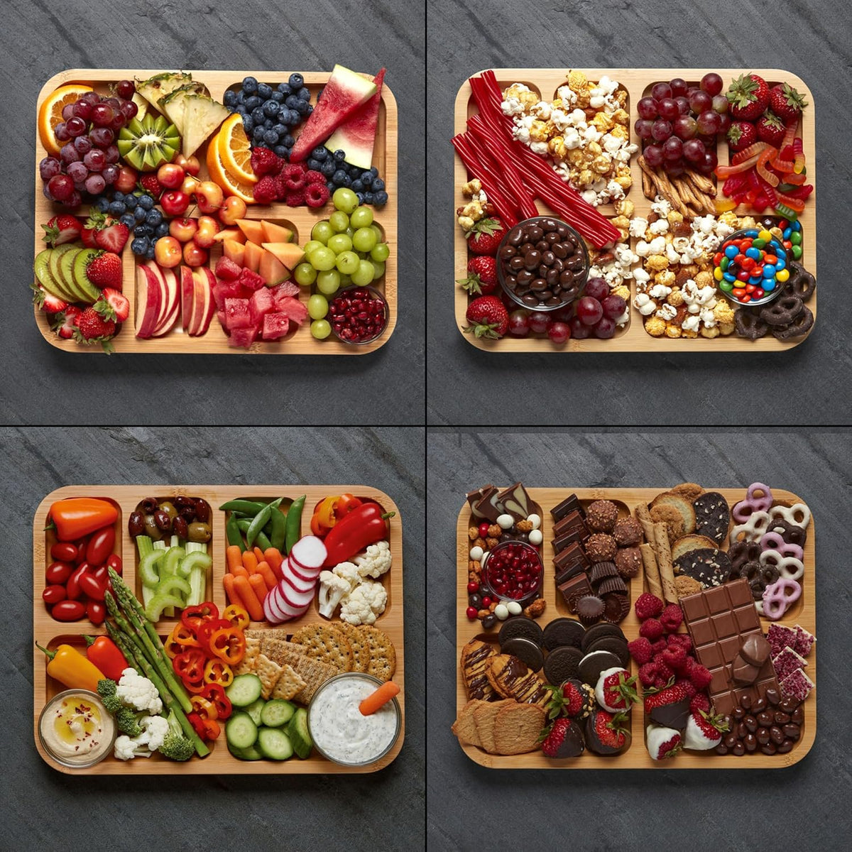 Collage of four bamboo cutting boards each loaded with colorful fruit and snacks on a dark stone background