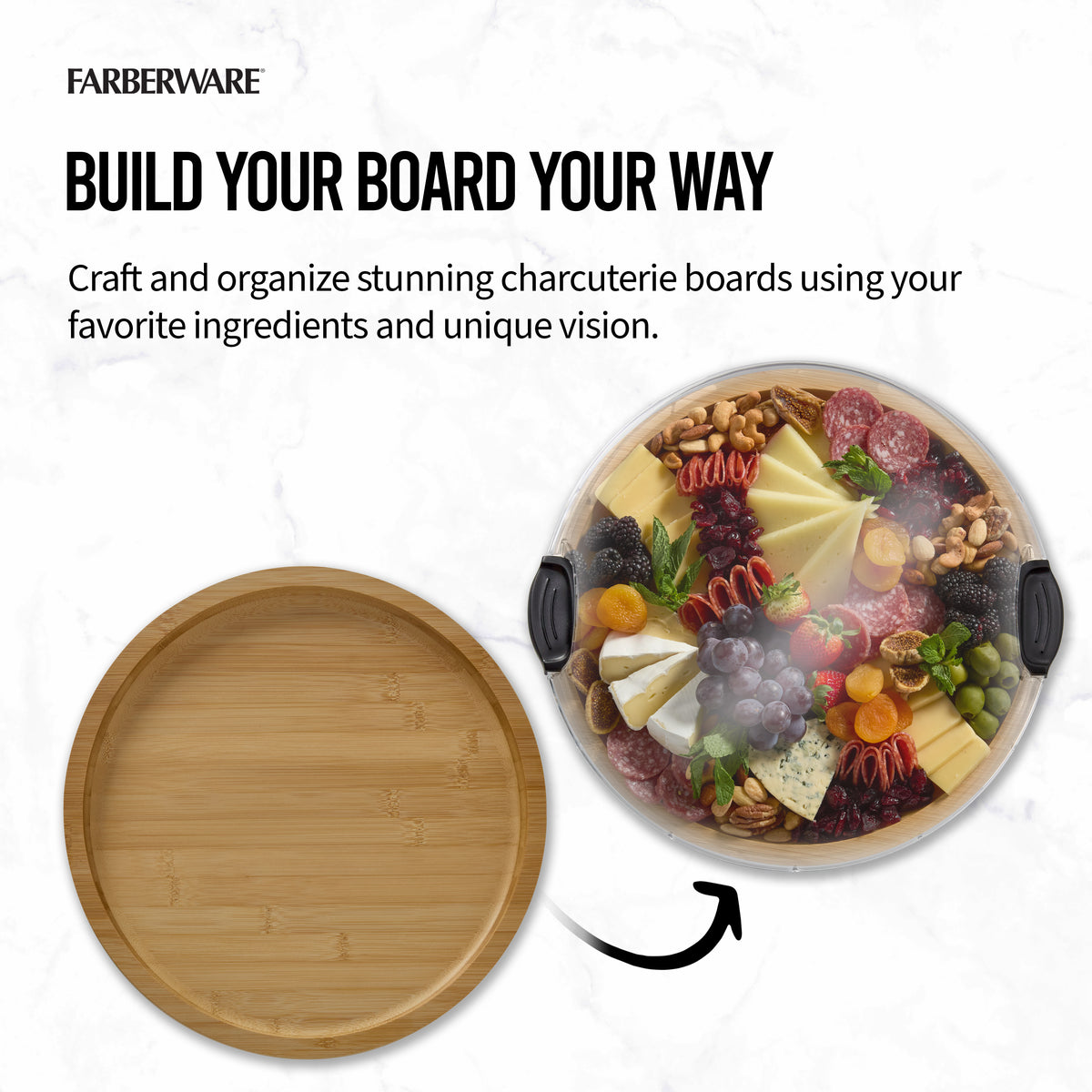 Customizable portable board promo with a curved cheese and fruit platter on a marble surface