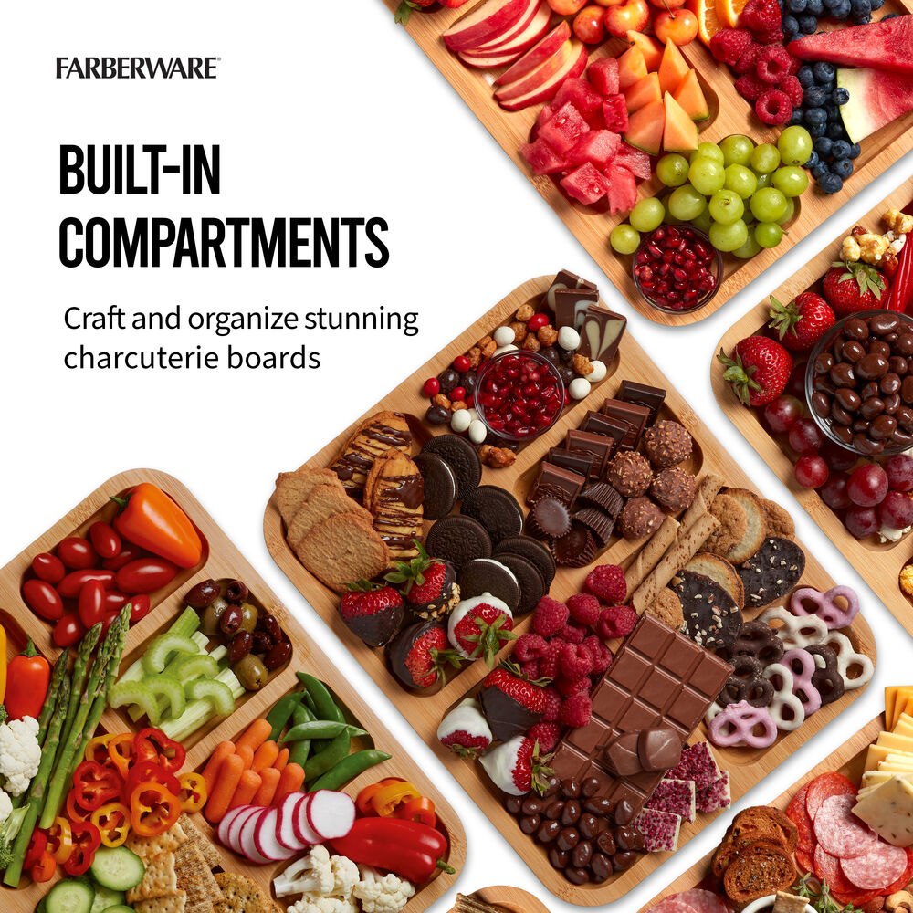 Farberware Built-In Compartments boards arranged with fruit crackers chocolate and candy assortment