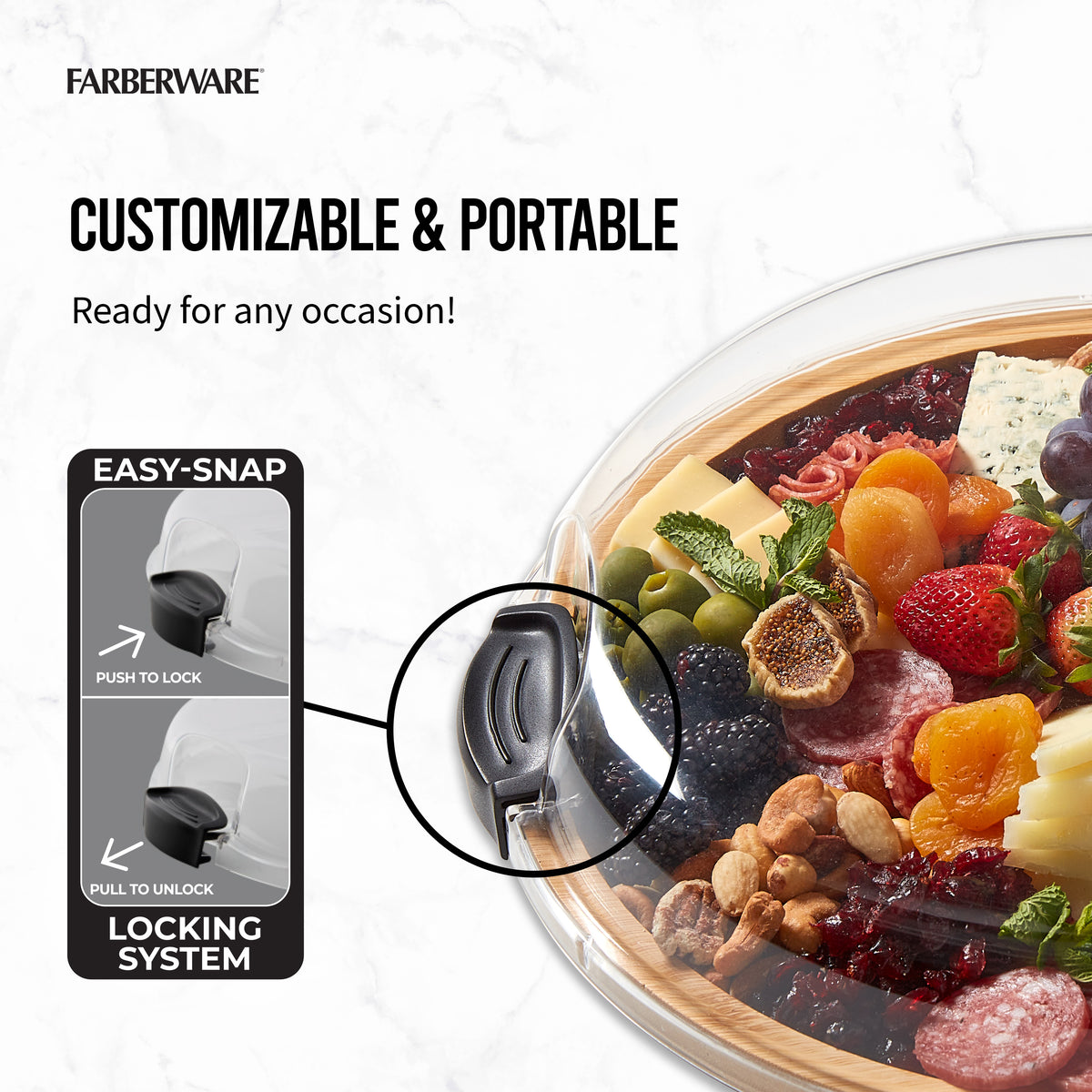 Close up of the Build-a-Board locking system with a clear lid showing cheese fruit and nuts inside