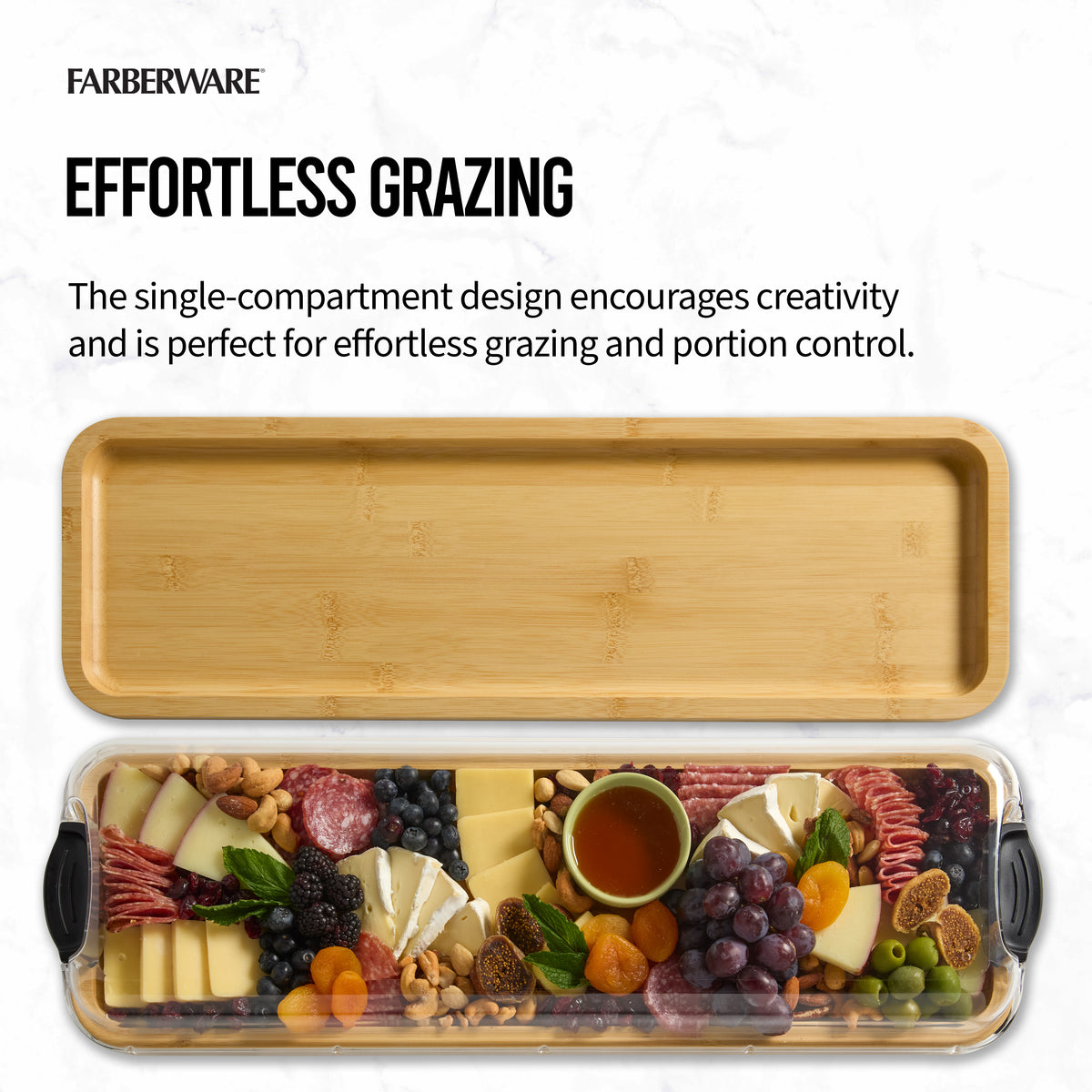 Farberware banner featuring the Effortless Grazing headline with a bamboo cutting board at the bottom.