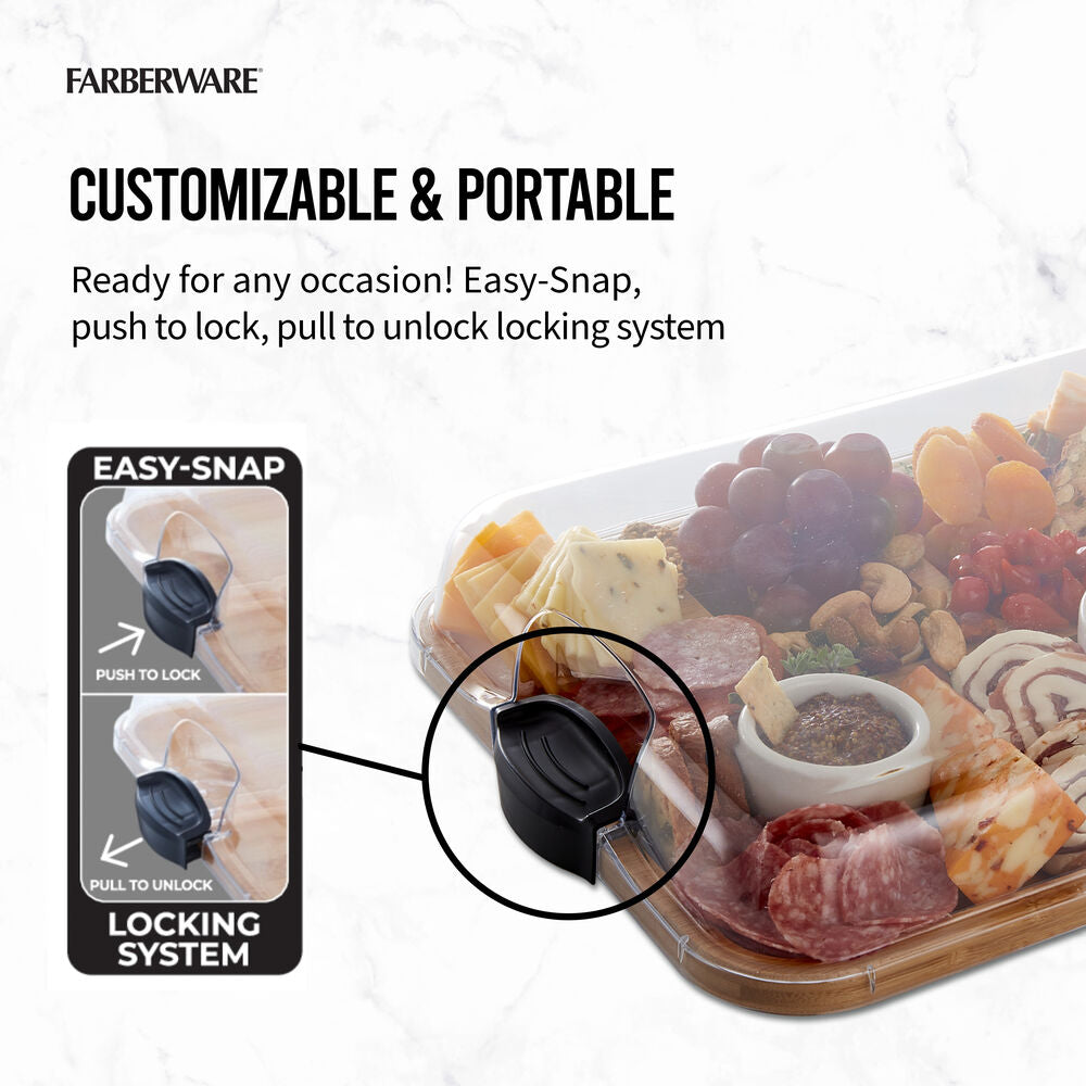 Customizable portable bamboo tray with six compartments and a clear lid showing a snack assortment